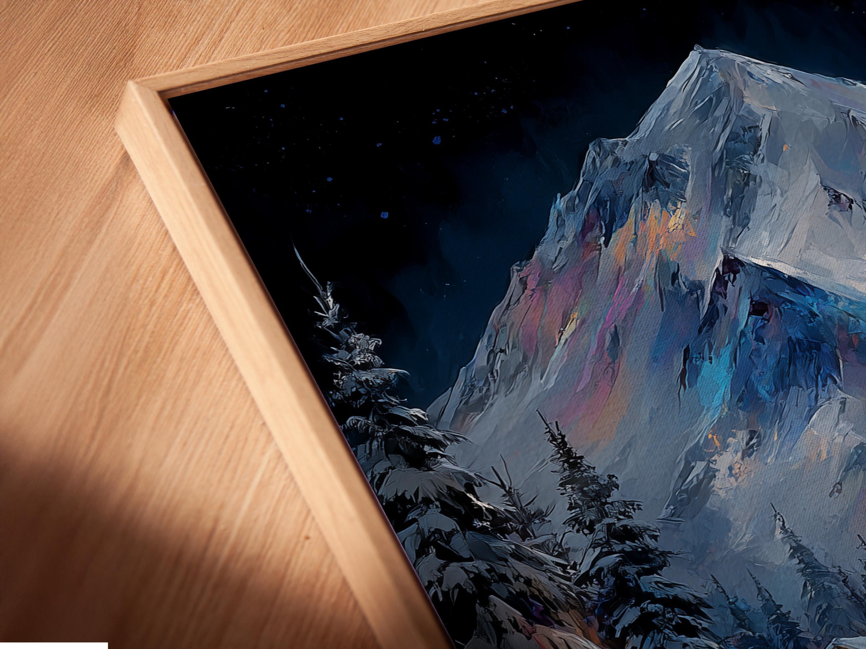 Snowy mountain night scene with pine trees, a ski village and warm lit windows under stars detail view