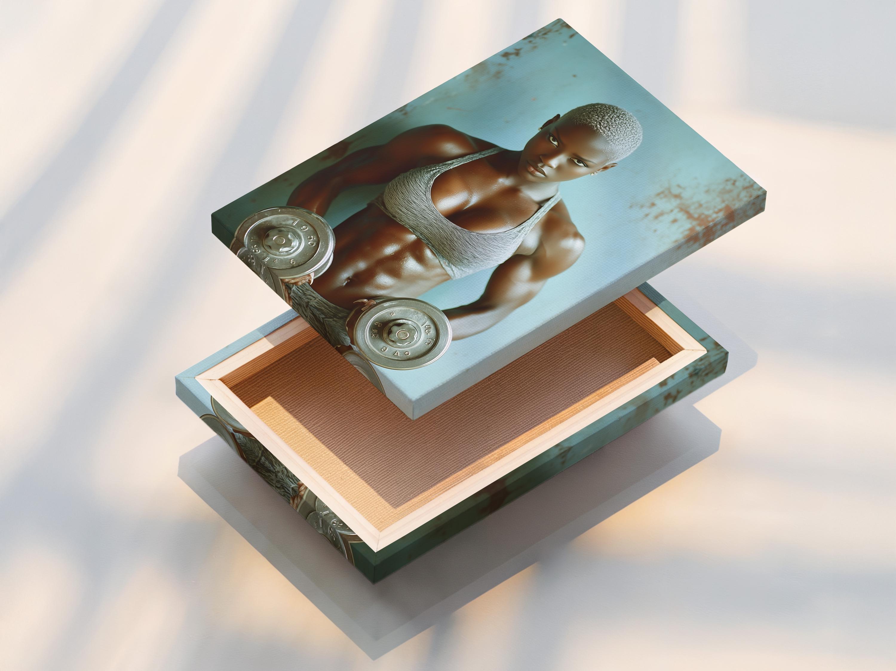 Room mockup showing a framed teal fitness portrait of an athletic woman holding weight plates