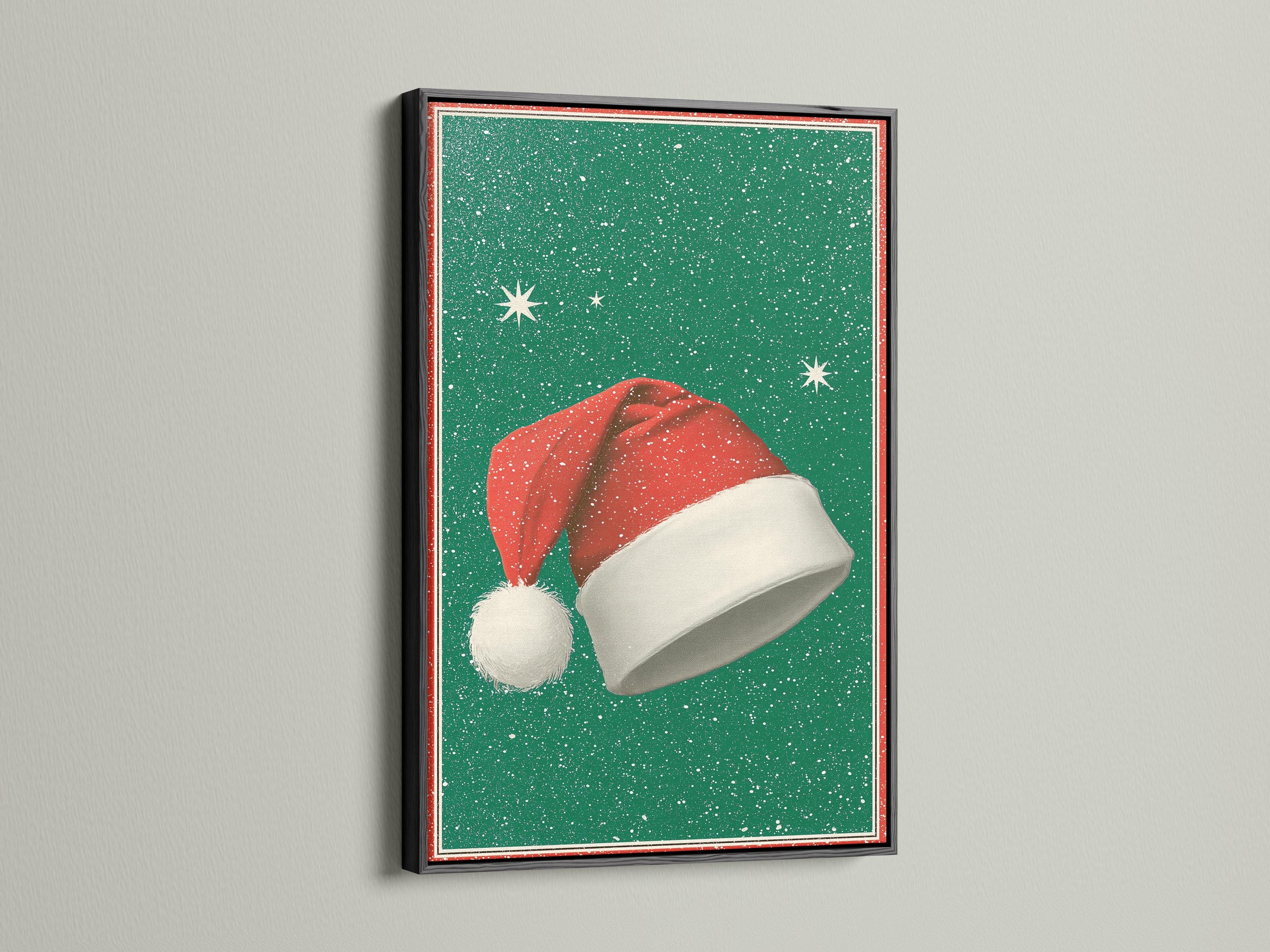 Room mockup featuring a framed Santa hat artwork on an emerald green speckled background