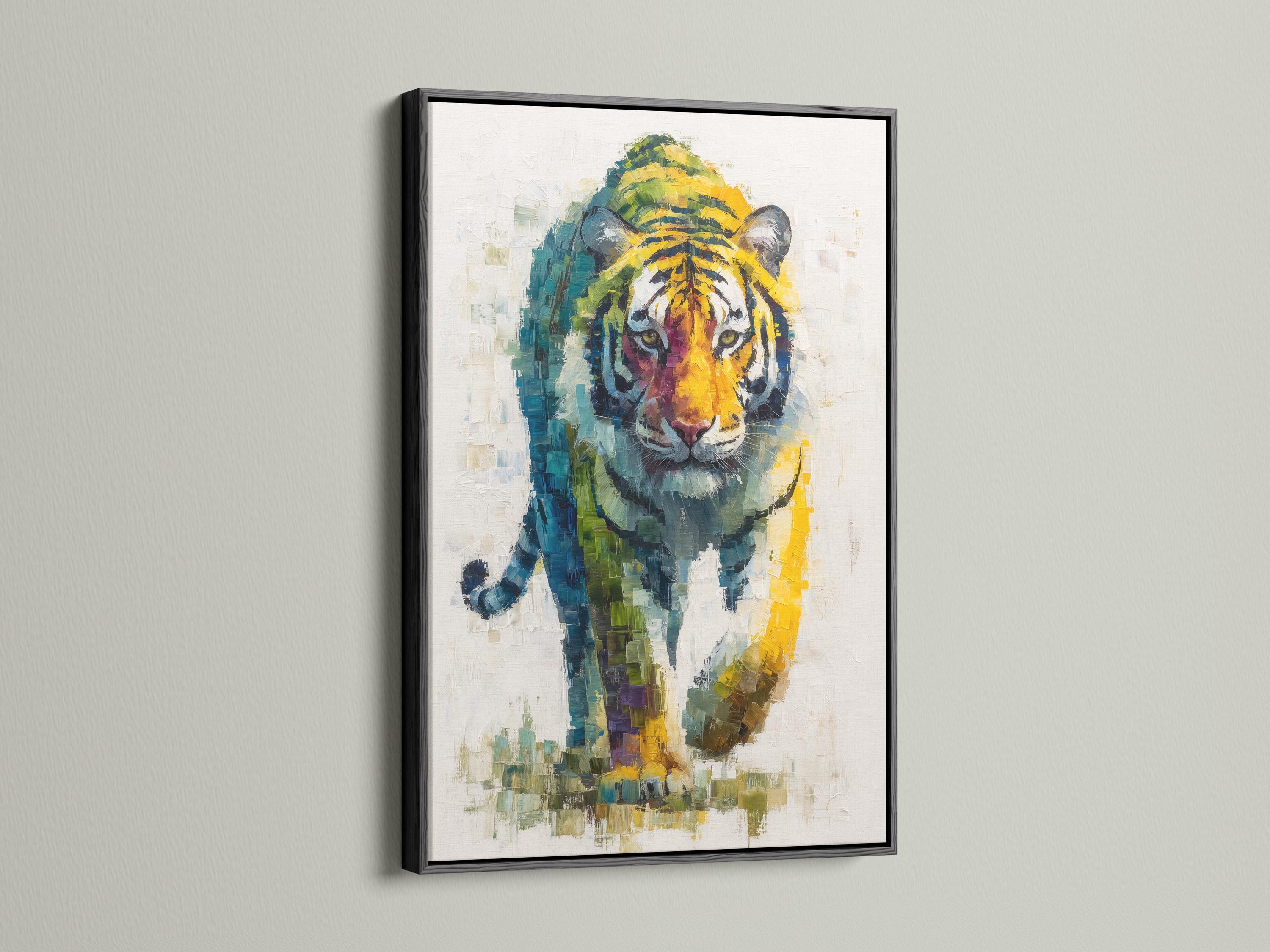 A painterly tiger portrait with layered blue, green and yellow mosaic-like brush strokes detail view