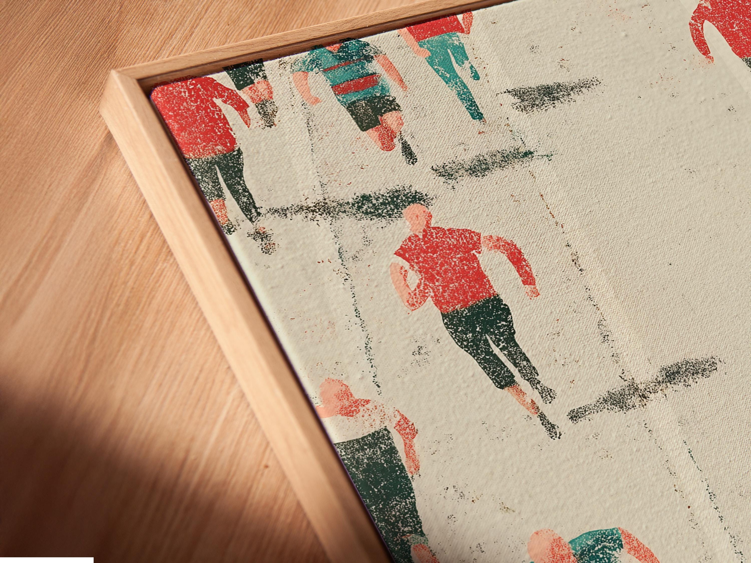 Wheelchair racer and runners in red and teal on a speckled off-white background detail view