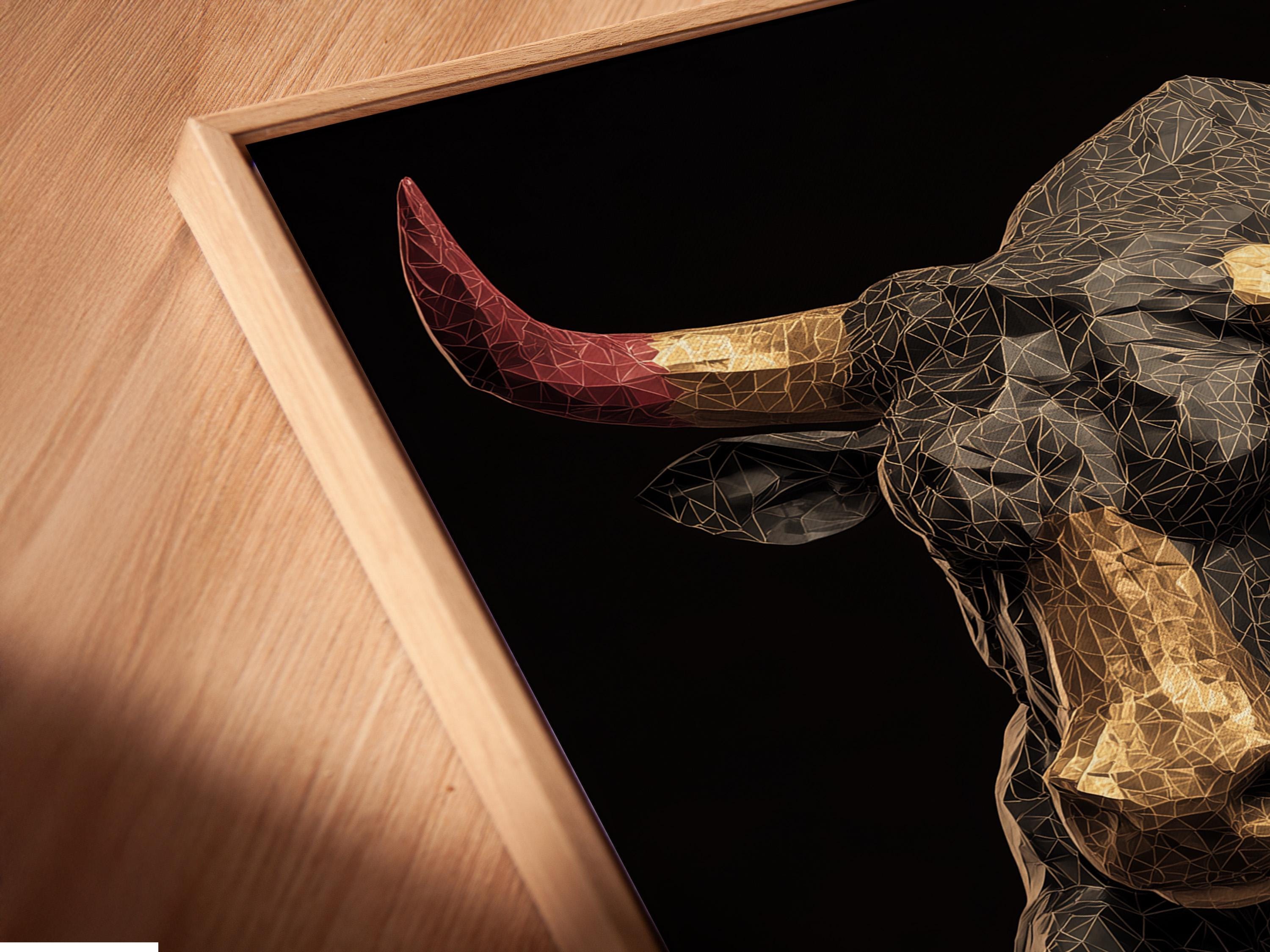 A geometric bull portrait in gold, black and grey sits against a dark background, with red horn accents and a sparkling speckled sky on the right
