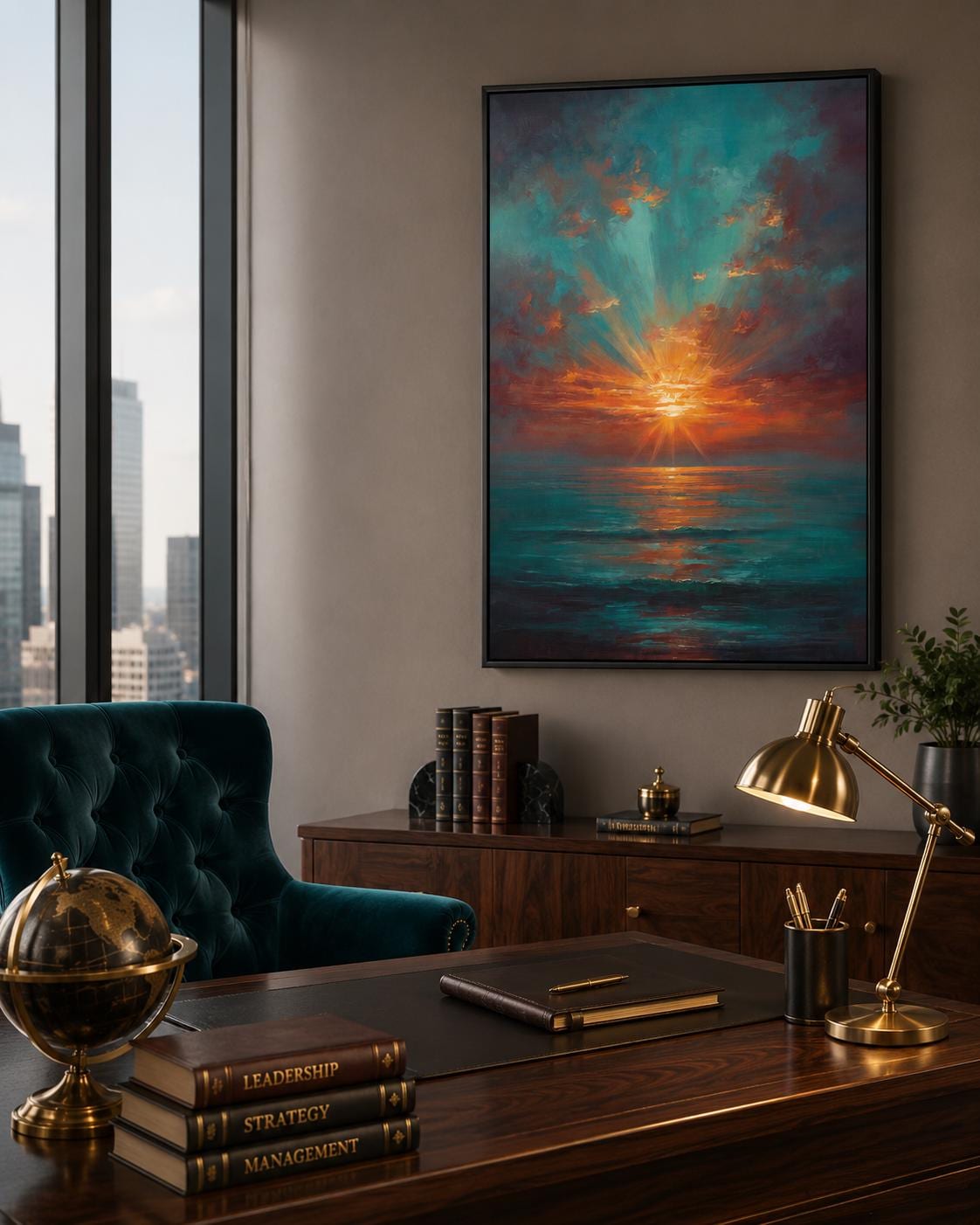 Room mockup with a sofa and a framed teal and copper sunset seascape artwork on the wall