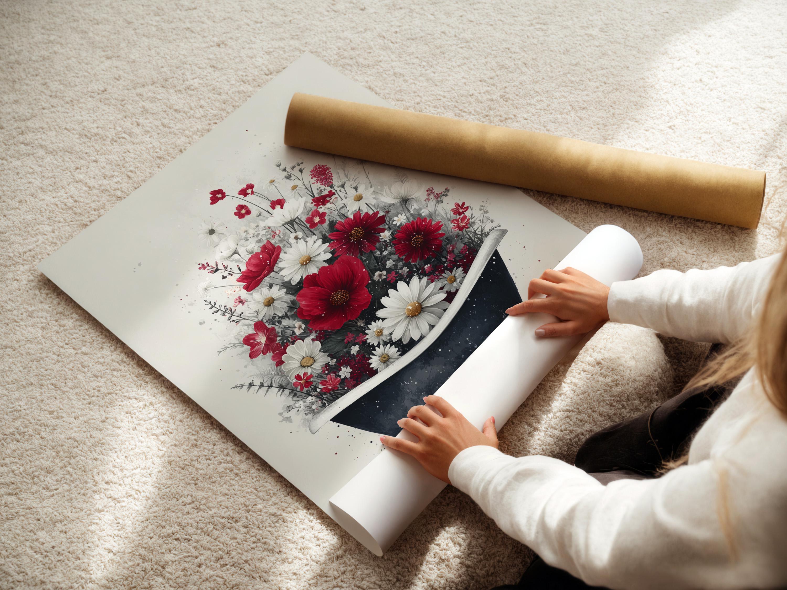 Vintage floral bathtub illustration with red and white flowers filling a dark bathtub detail view