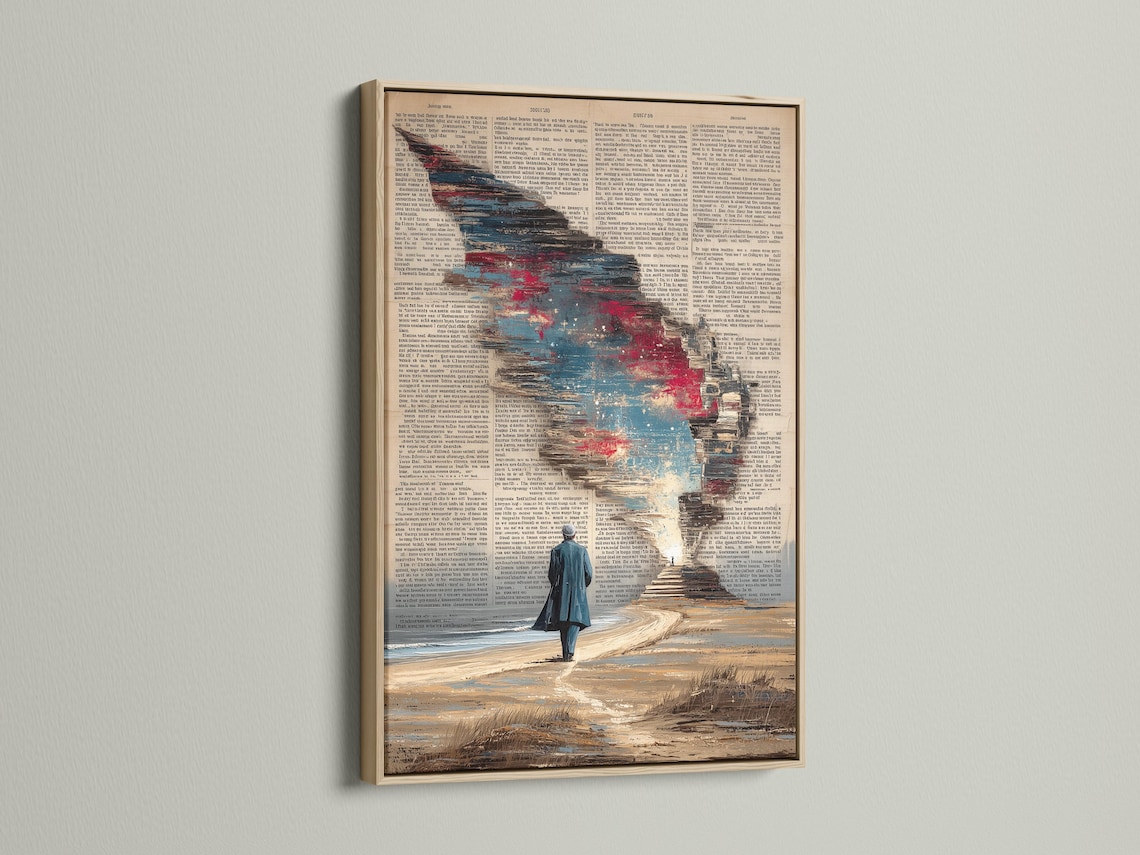 Dictionary-style beach wall art featuring a man walking toward light
