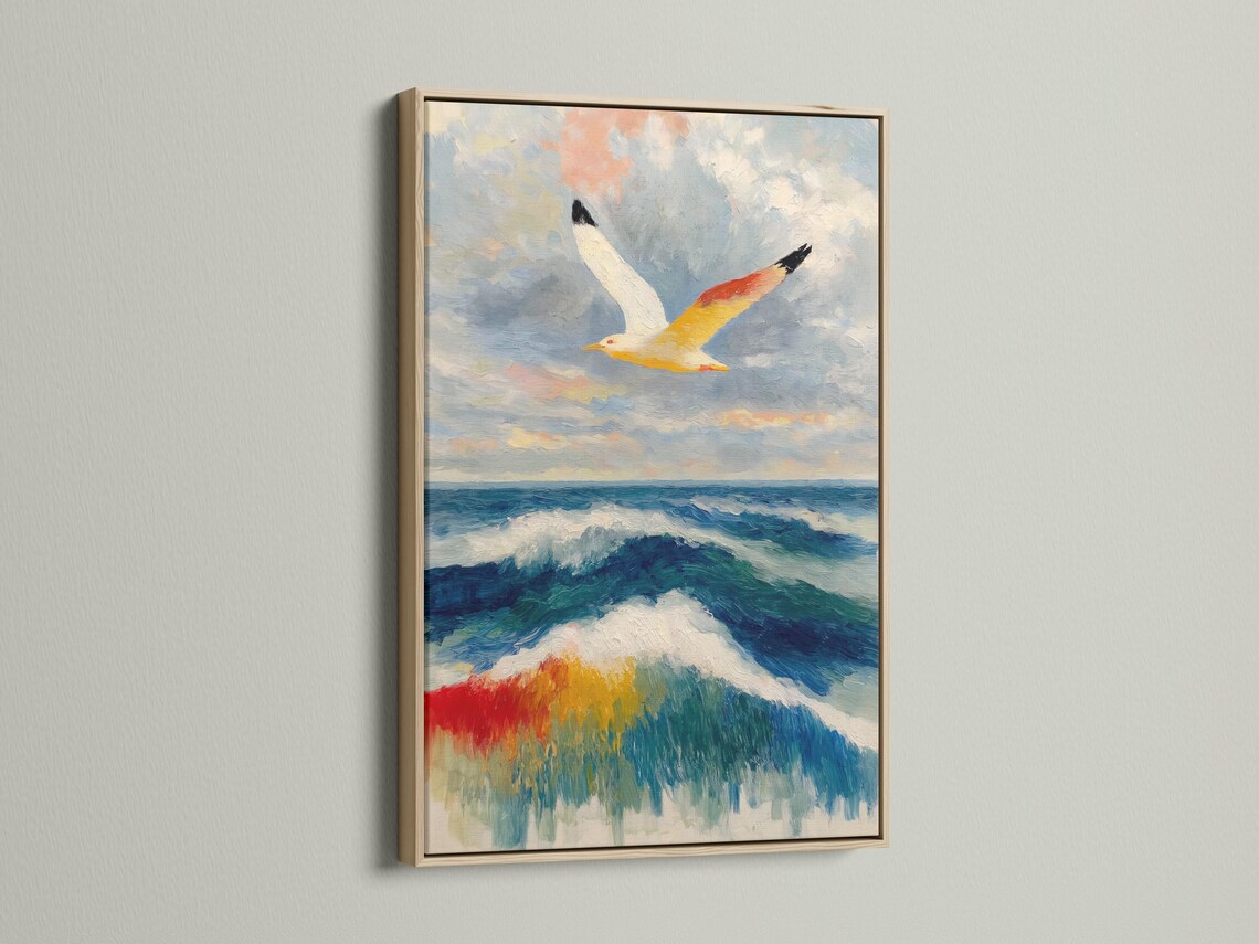 Painterly seagull flying above blue ocean waves with white foam and cloudy sky detail view