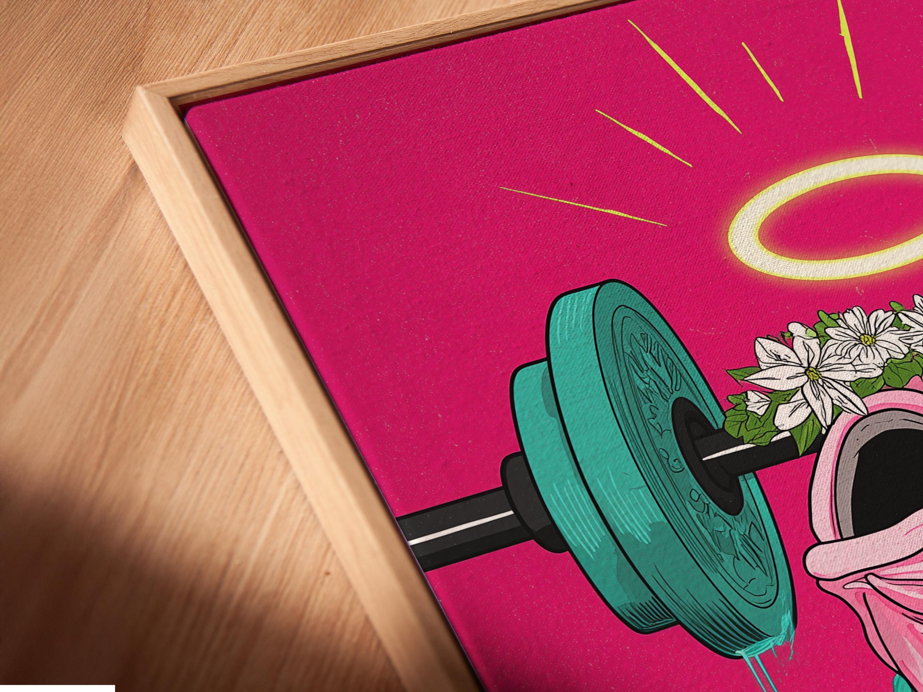 Stylised pink fish lifting a teal barbell with a yellow halo and white flowers detail view