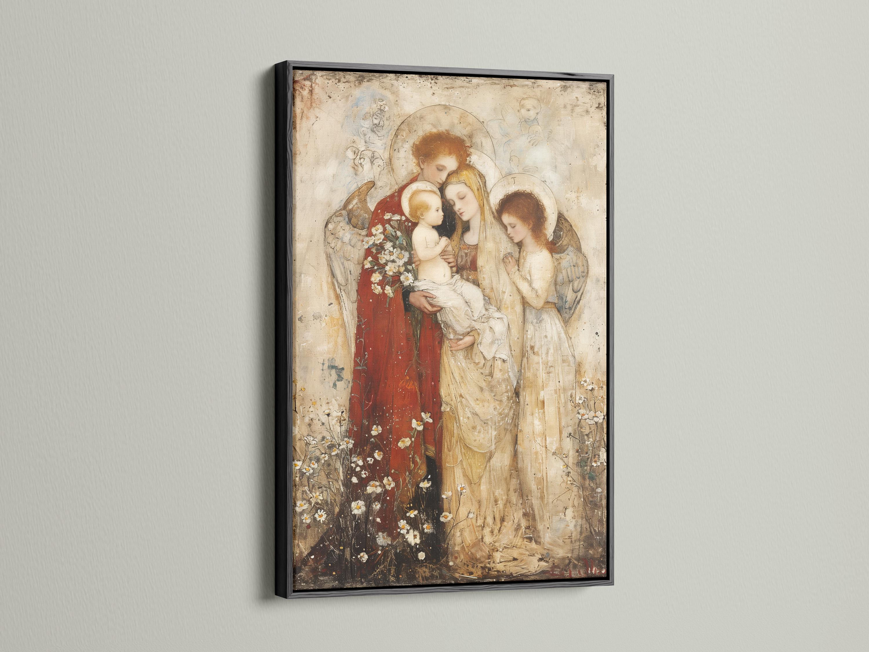 Room mockup featuring a framed religious artwork of Madonna holding a baby with winged angels