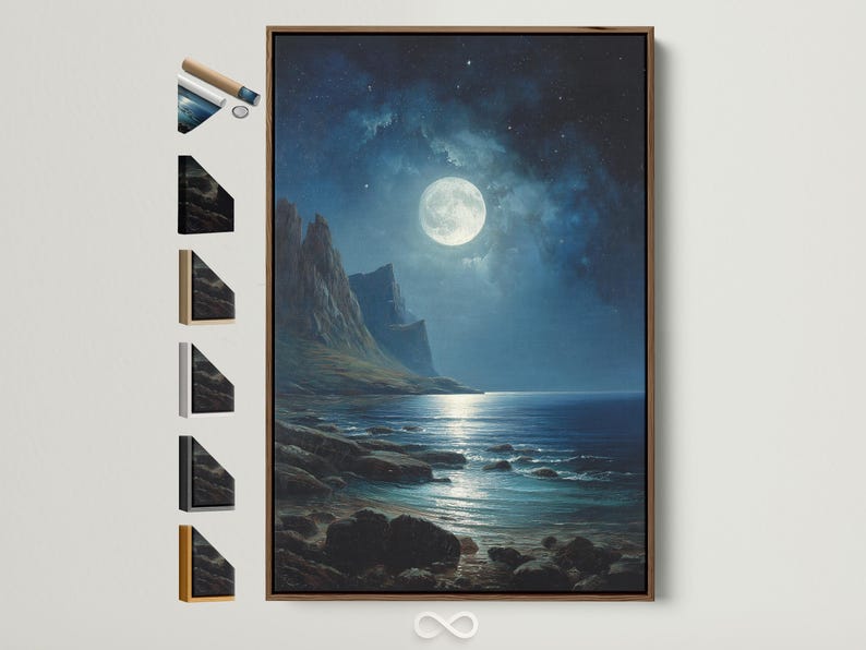 Moonlit ocean seascape with dark cliffs, starry night sky and glowing full moon