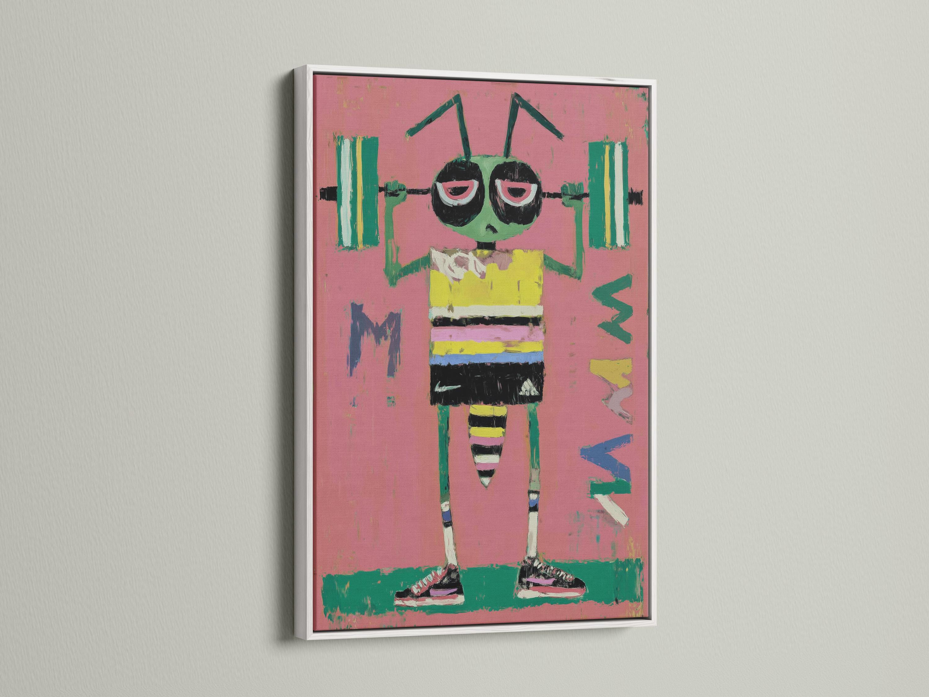 Cartoon bug character with large eyes, pink background, and green and yellow striped body detail view