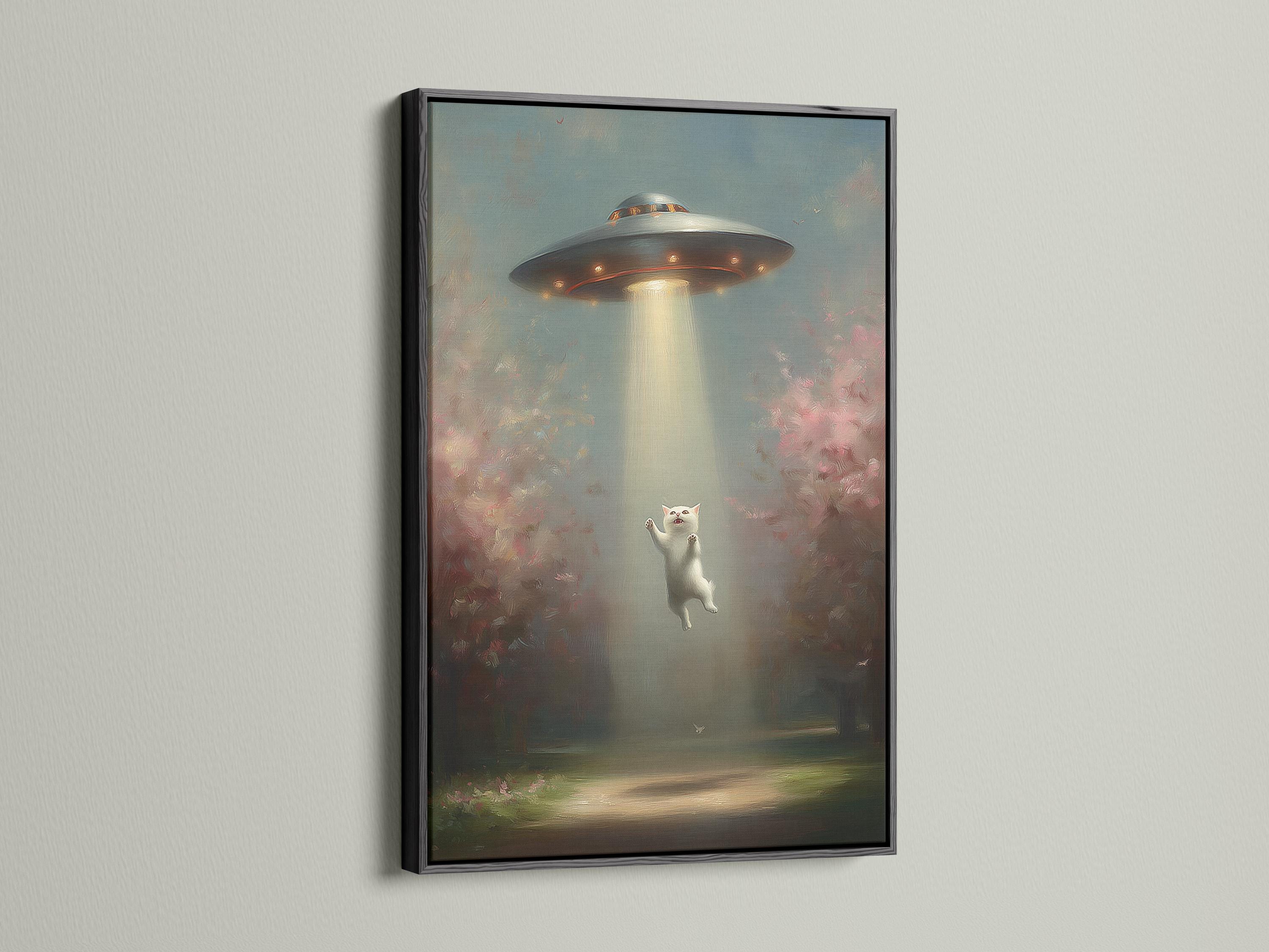 Surreal night scene of a floating white cat under a glowing UFO beam, with misty clouds and bird silhouettes detail view