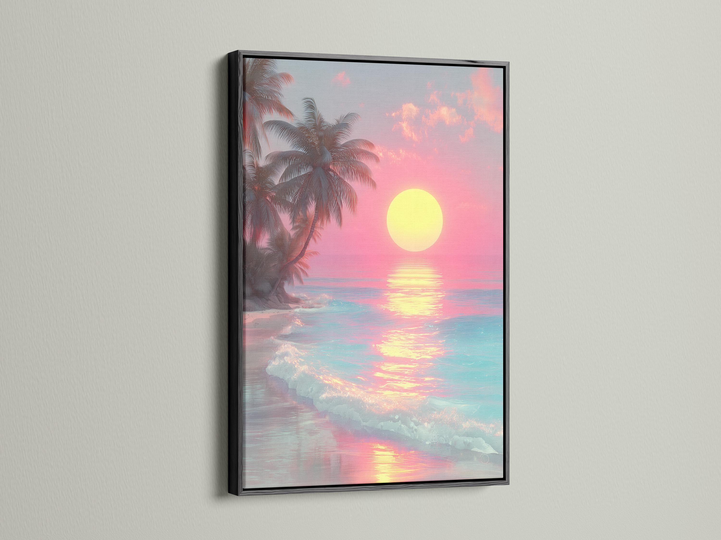 A framed tropical seascape shows a bright yellow sun over pink and turquoise water, with palm silhouettes and glowing reflections detail view