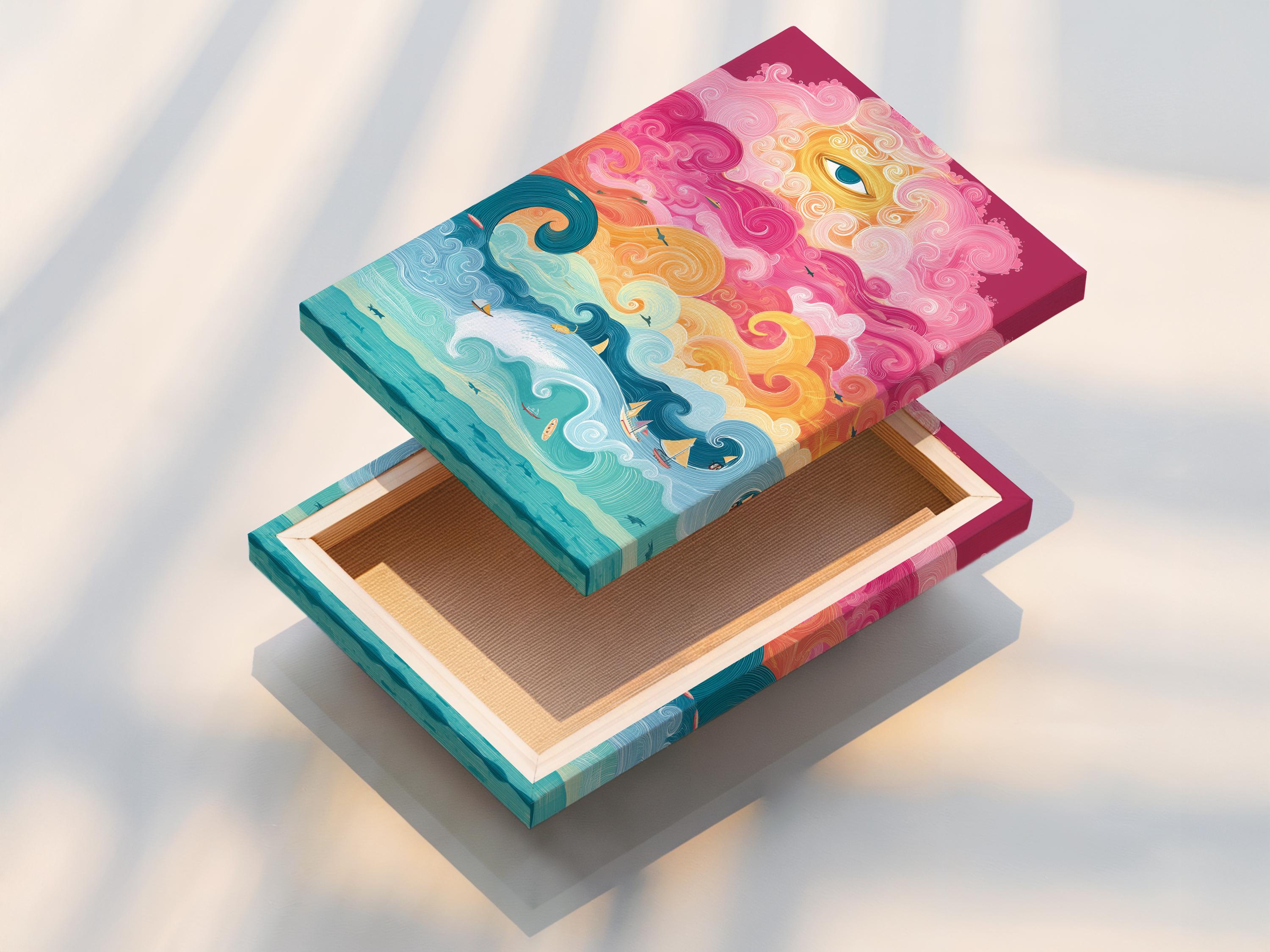 Colourful ocean scene with an eye in the sky, swirling clouds, waves, sailboats and fish detail view
