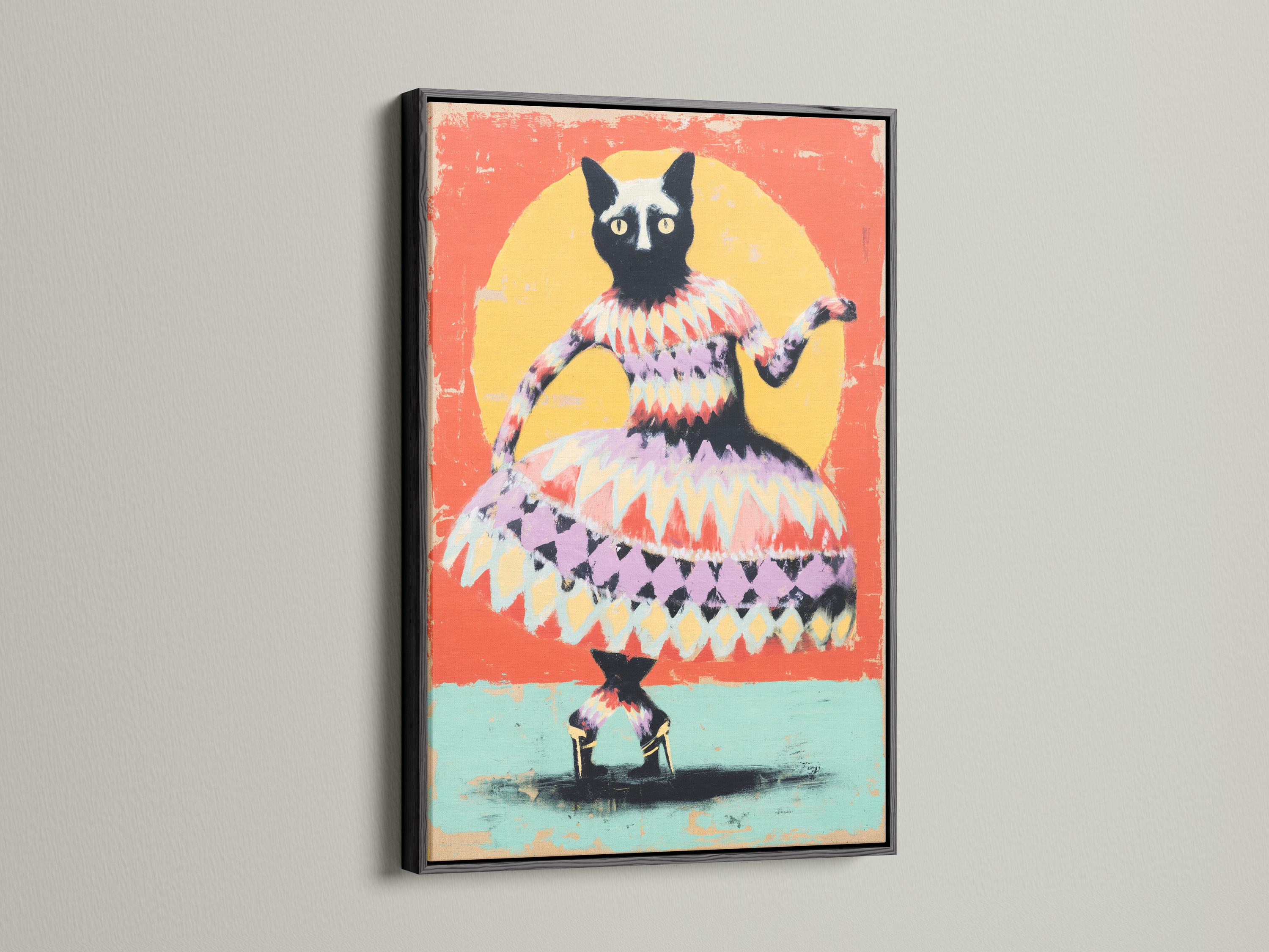 Cat artwork in a framed mockup on a wall with additional frame variations