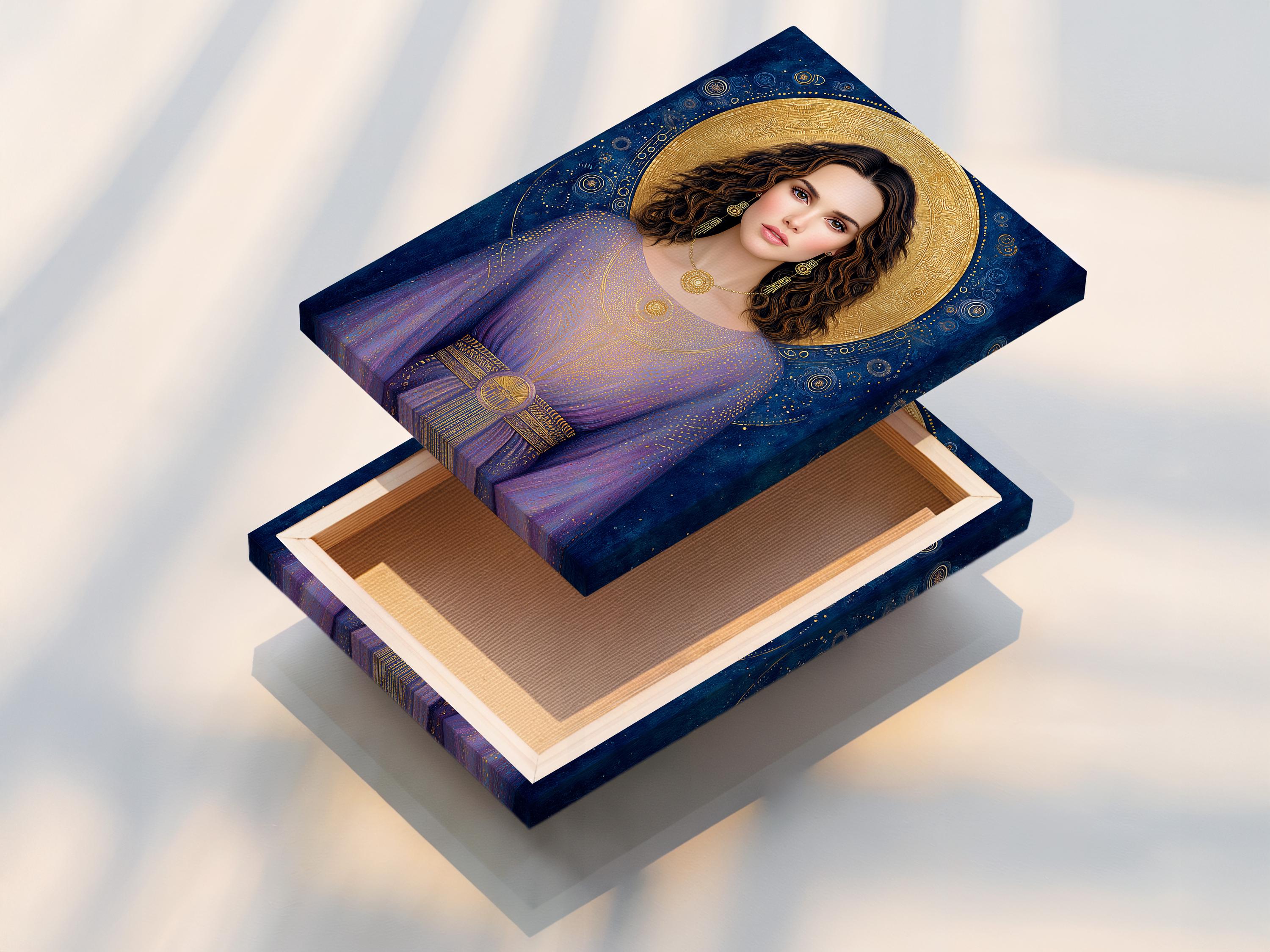 Celestial goddess portrait with a gold halo, blue and purple robe, and decorative star-like speckles detail view