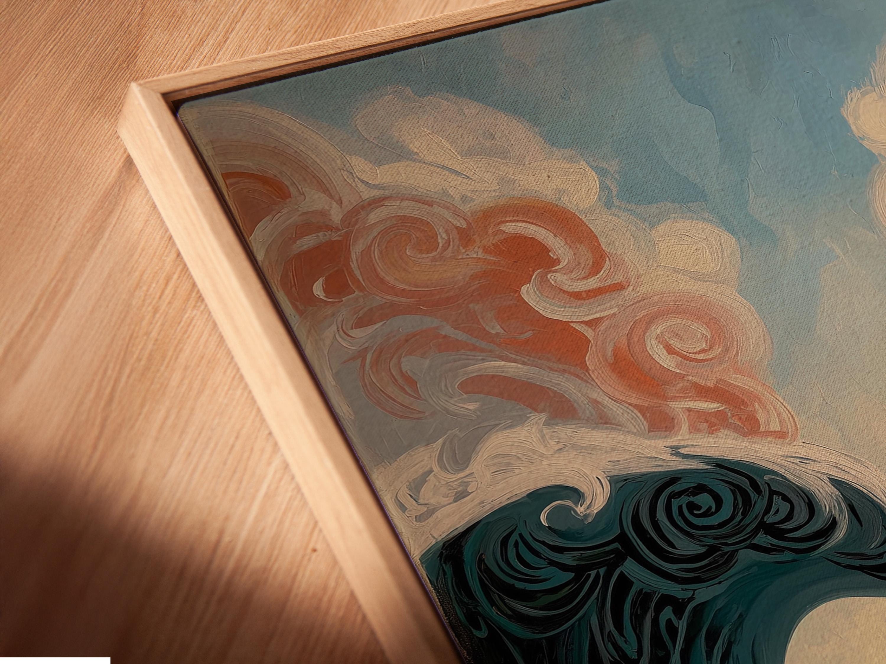 Artwork mockup showing an ocean waves painting on a wall with several angled frame previews