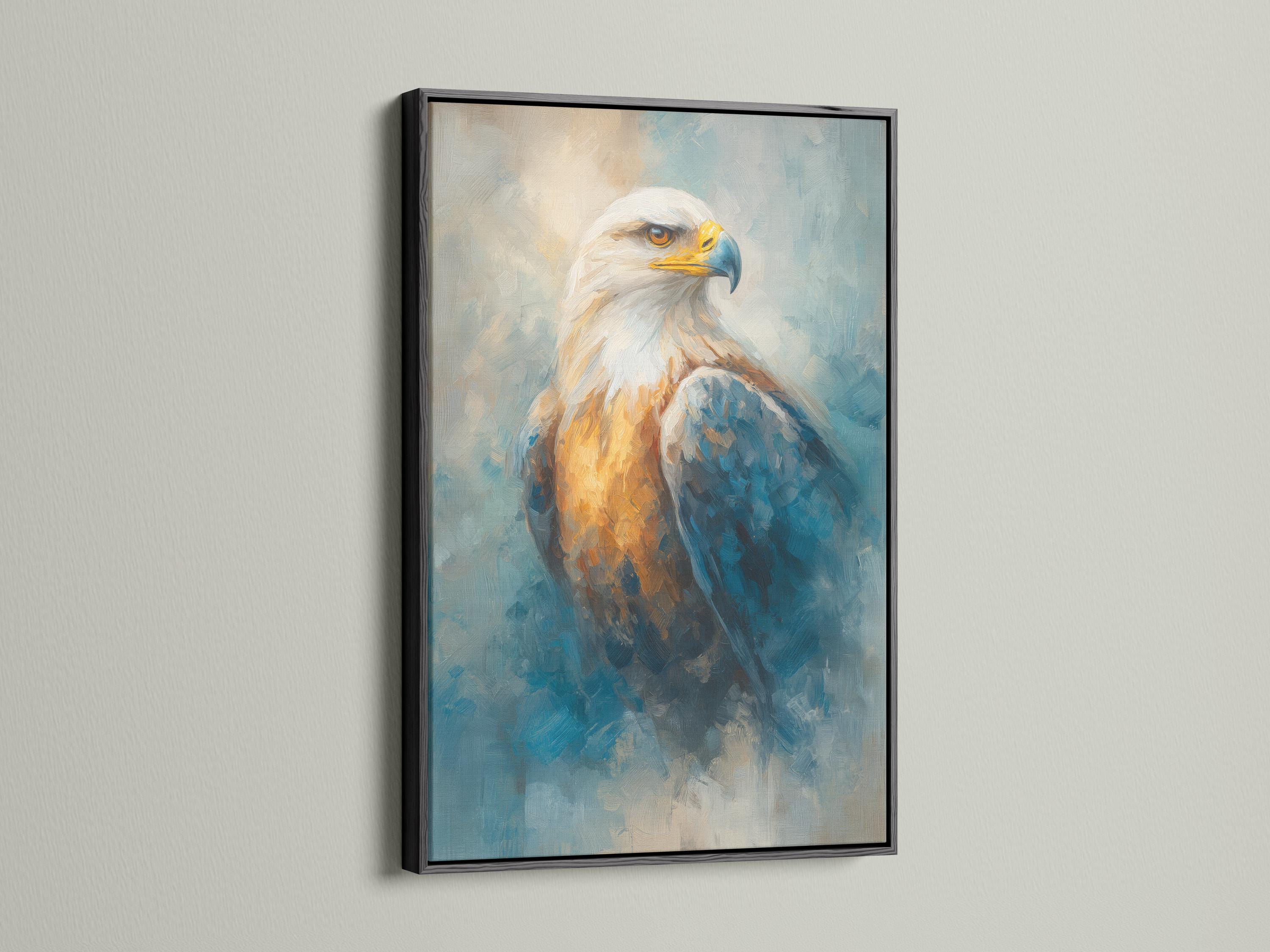 Room mockup showing framed eagle wall art with teal-blue and gold tones