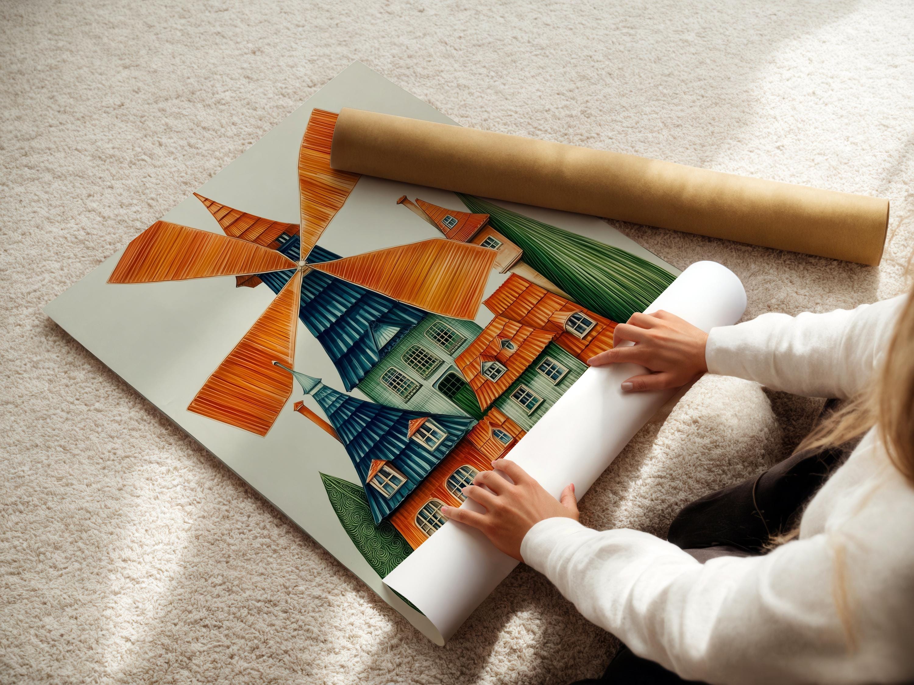 Illustrated windmill scene with orange blades and a blue-green house detail view