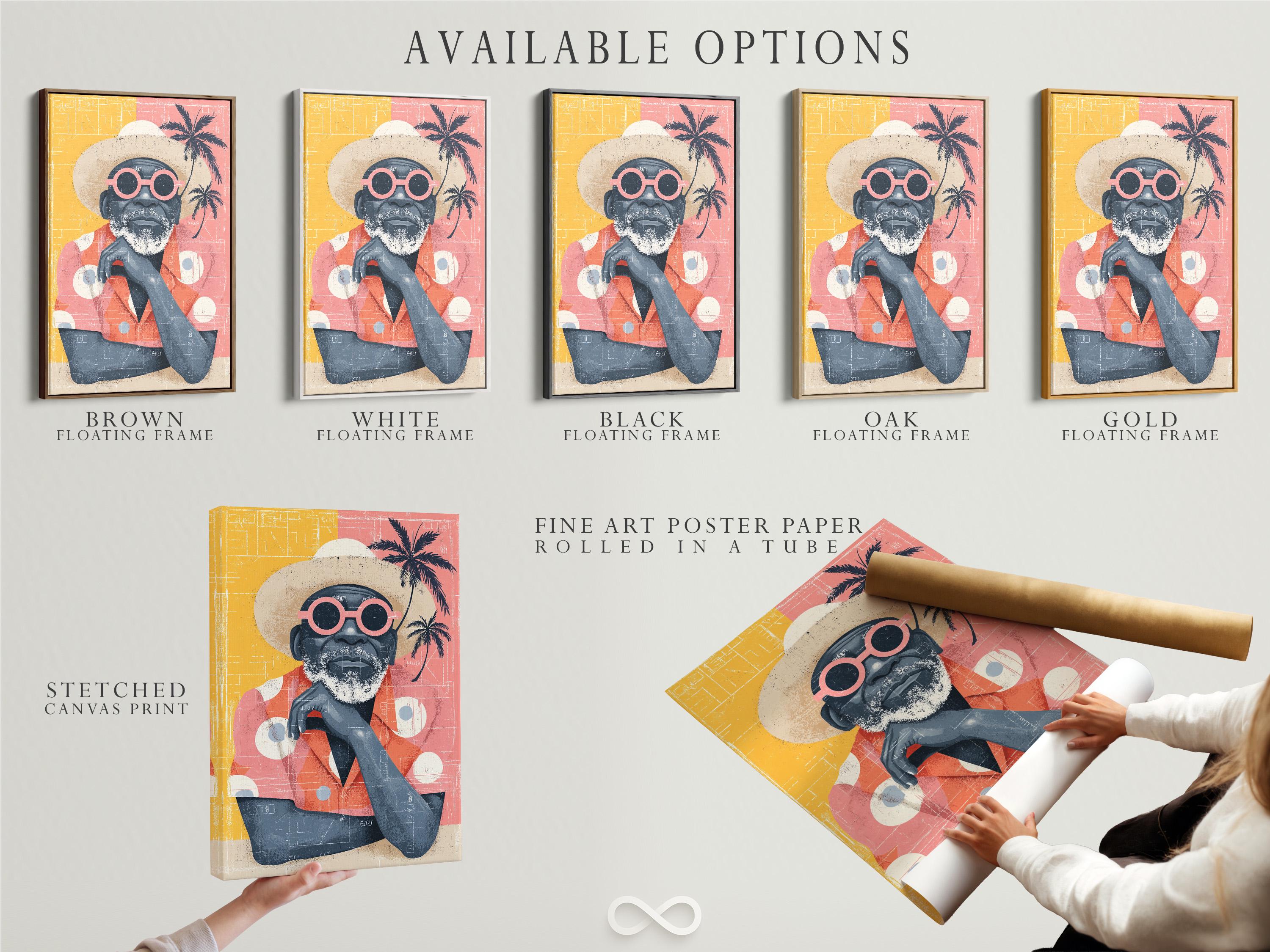 Retro portrait of a bearded man wearing oversized red-framed sunglasses with palm tree silhouettes detail view