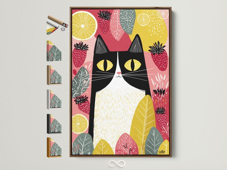 Illustrated black cat with yellow eyes surrounded by strawberries, citrus slices and leaves