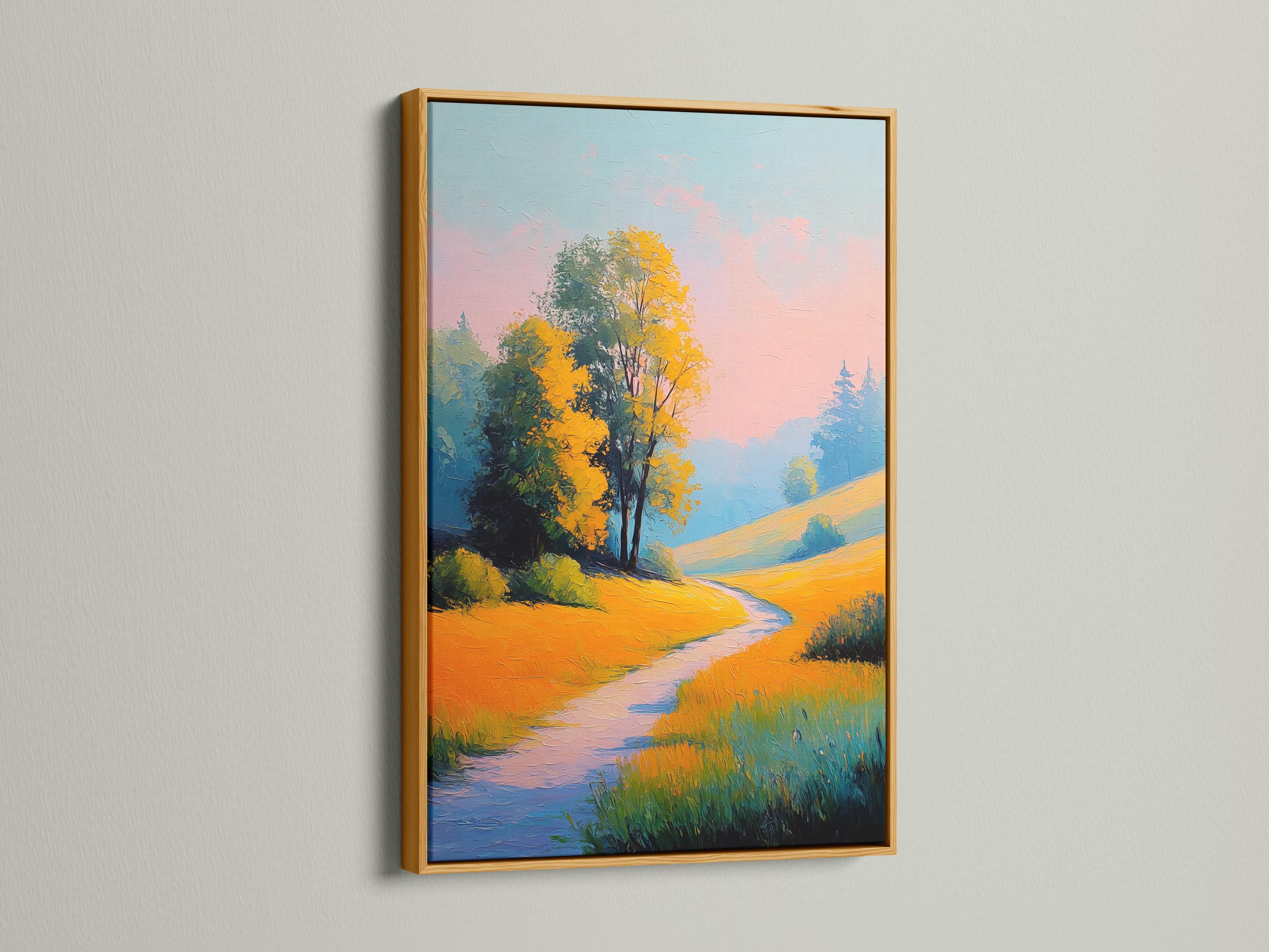 Painterly countryside landscape with a lone tree, golden fields, winding path and pastel pink-blue sky detail view