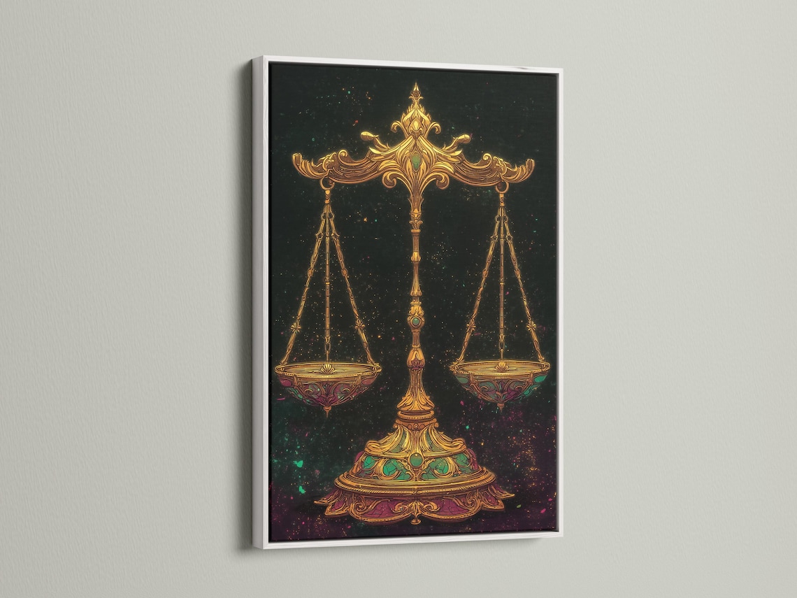 Ornate gold balance scales with emerald-green accents on a dark starry background detail view