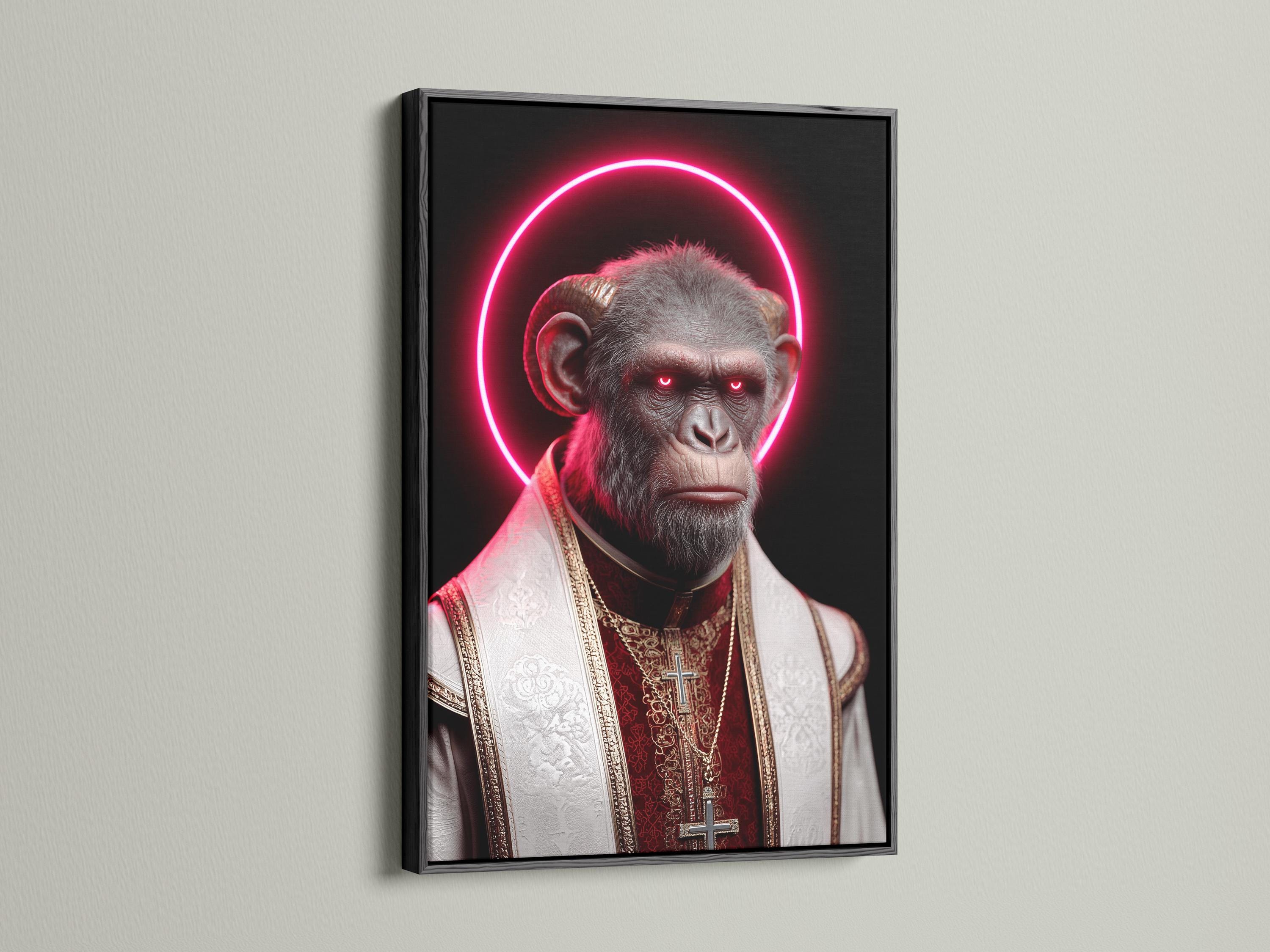 Surreal monkey portrait with a bright pink neon halo and red-and-gold robes detail view