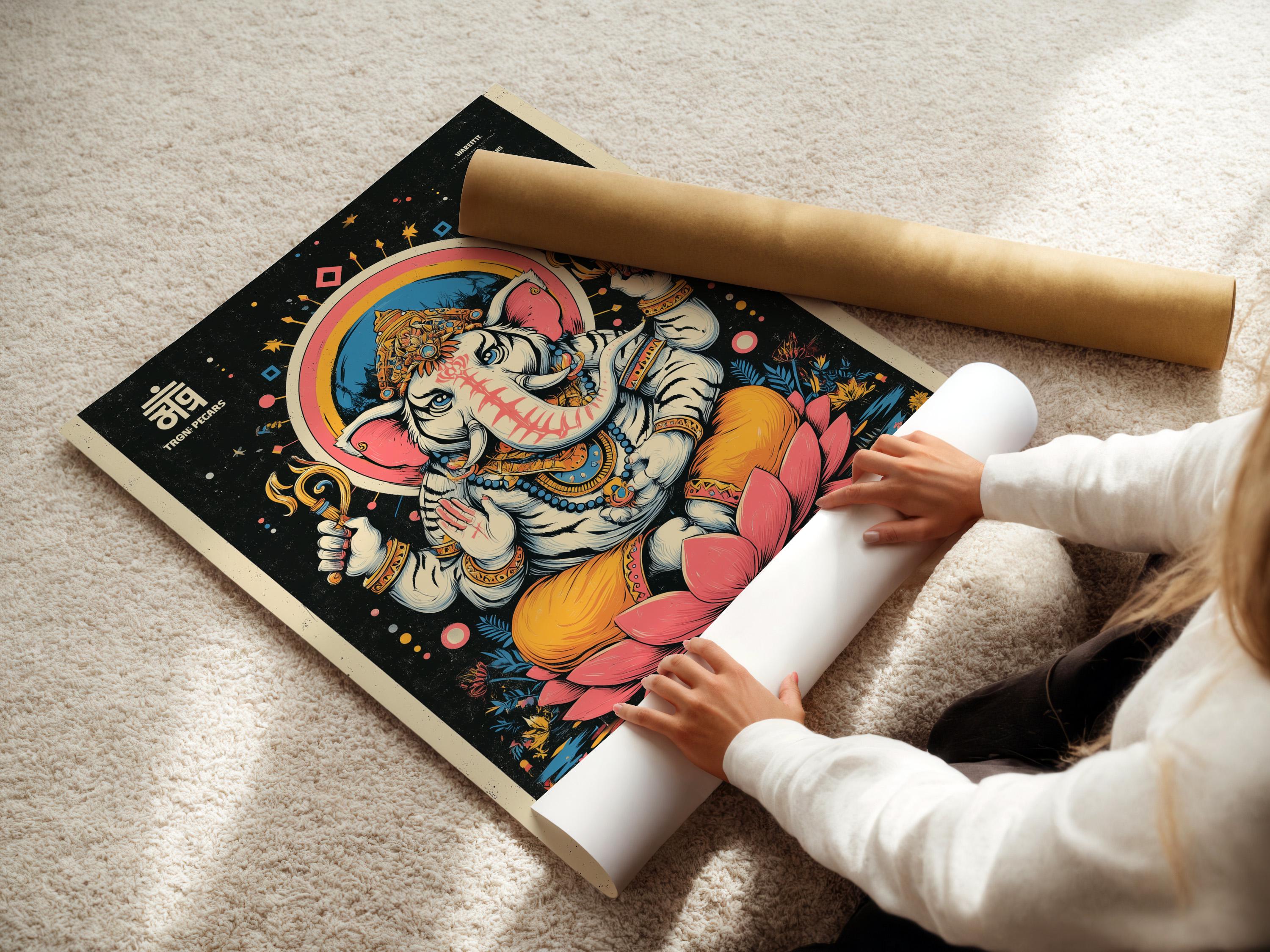 Colourful elephant-headed deity seated above a pink lotus on a dark starry background detail view