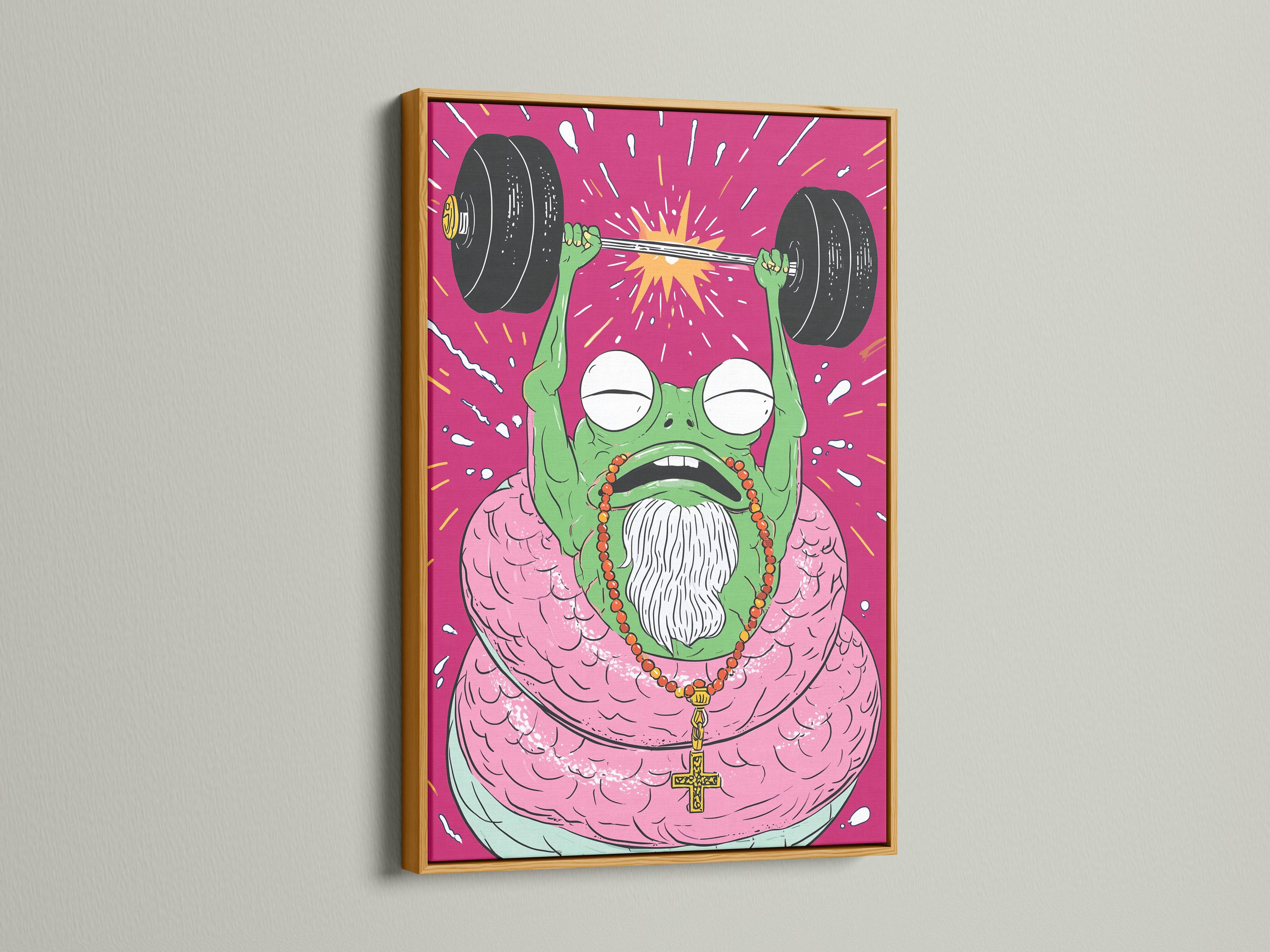 Cartoon frog weightlifter lifting dumbbells in a hot pink burst background detail view