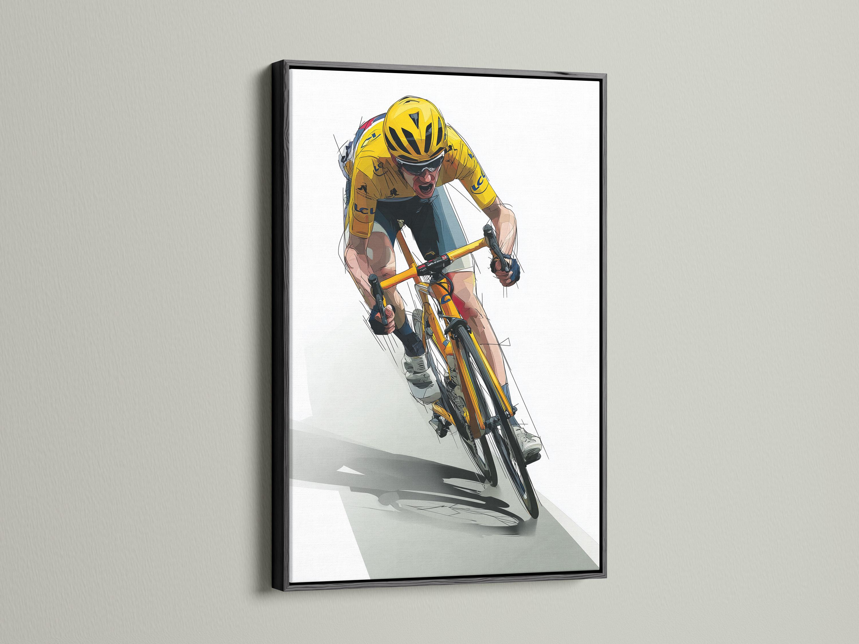 Stylised yellow cyclist riding a bicycle diagonally with motion lines detail view