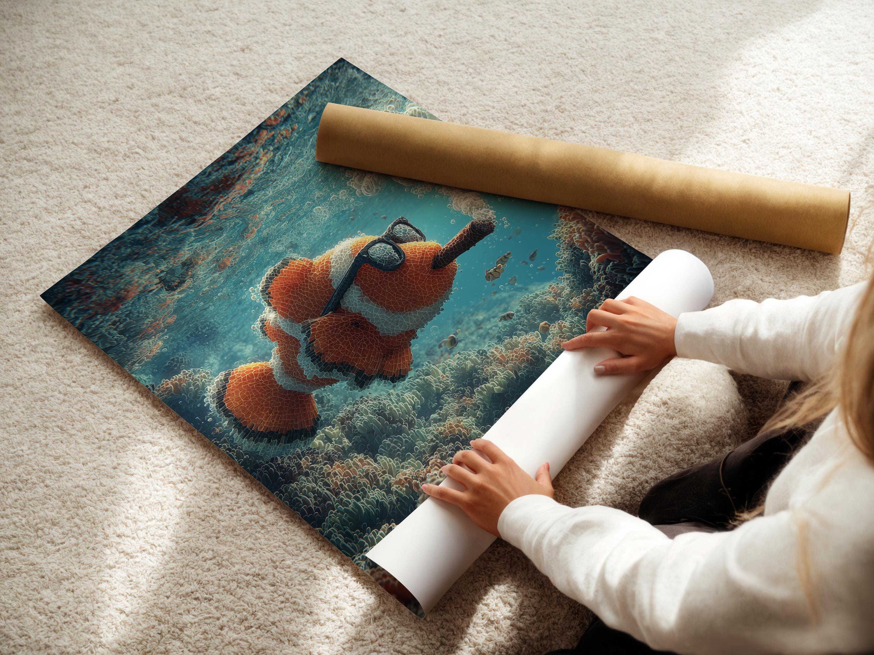 Underwater illustration of a clownfish wearing dark glasses and holding a cigar among coral and bubbles detail view