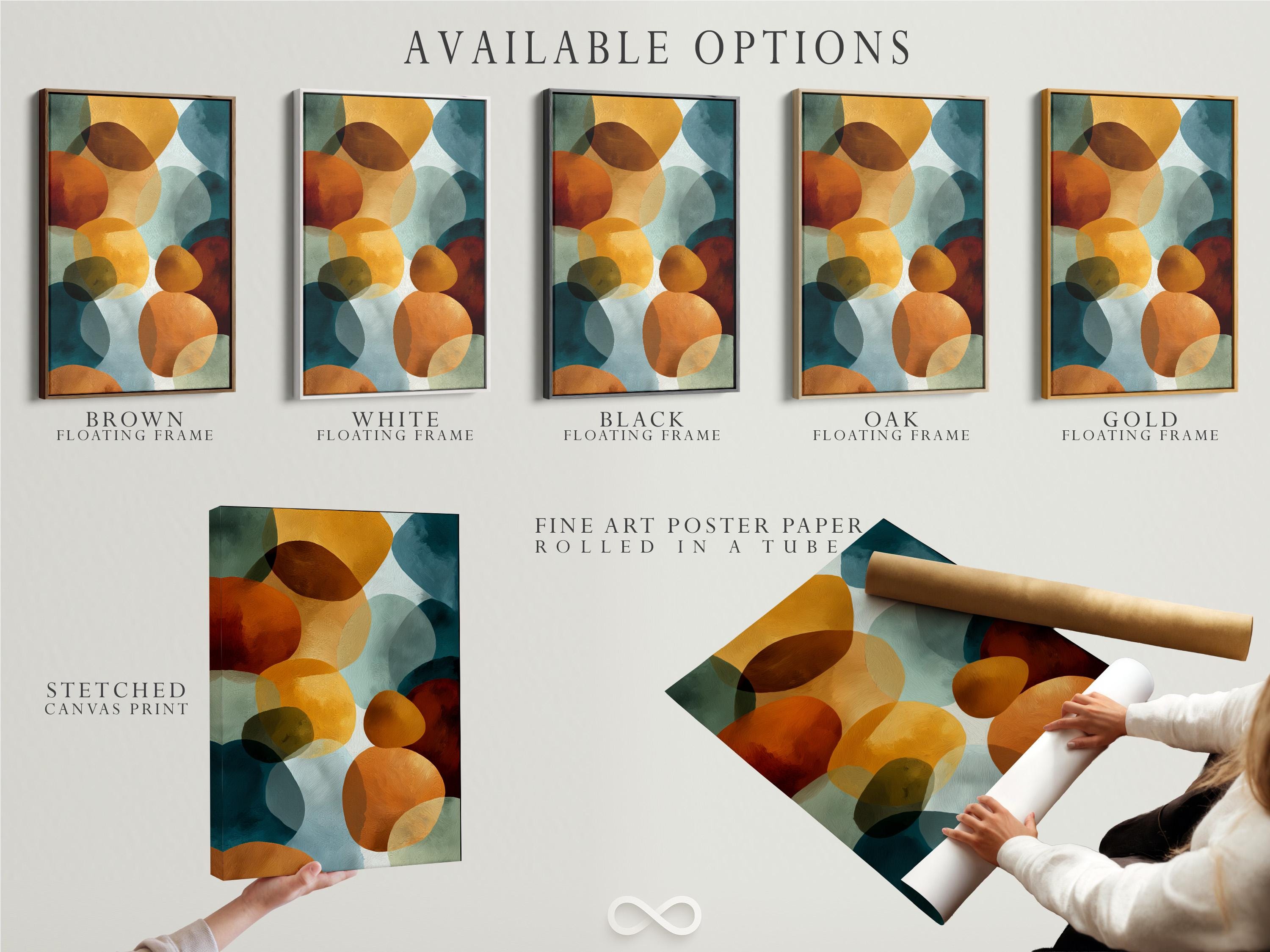Abstract geometric wall art with overlapping rounded shapes in teal, burnt orange, cream and deep red detail view