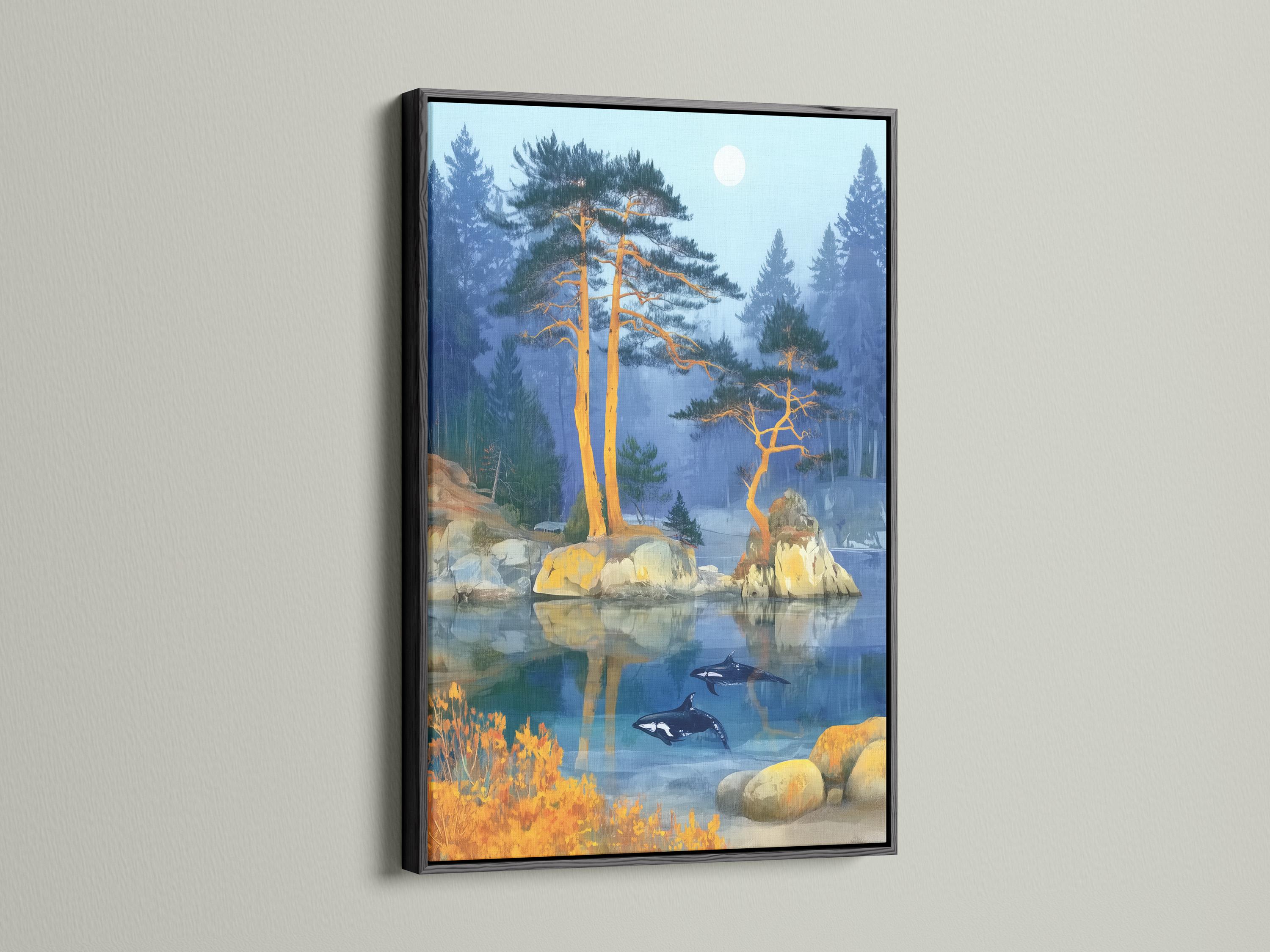 Misty blue lake landscape with golden trees, rocky shore and dark swimming aquatic animals detail view