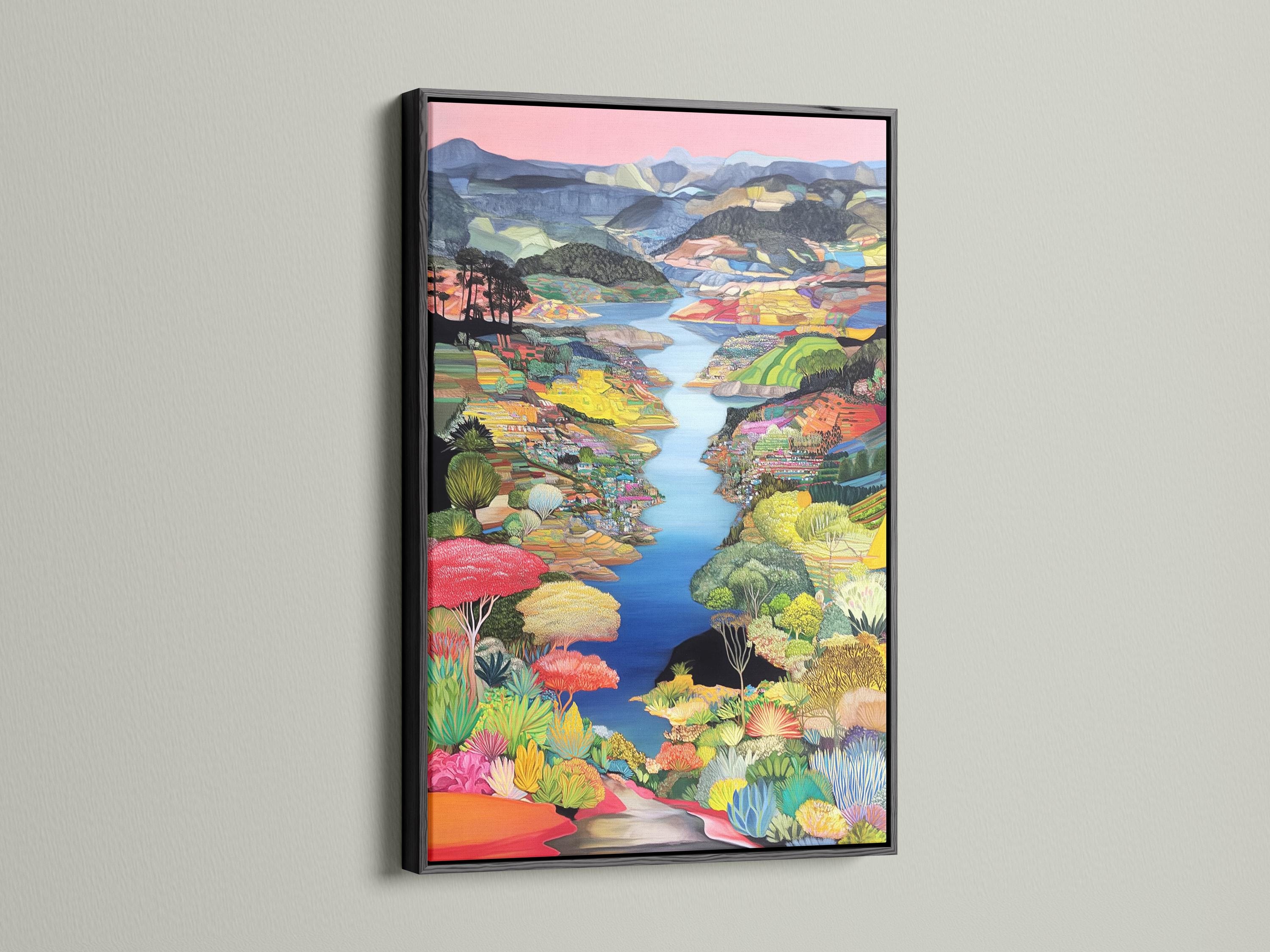 Colourful painterly river landscape with layered hills, bright plants and a pink sky detail view