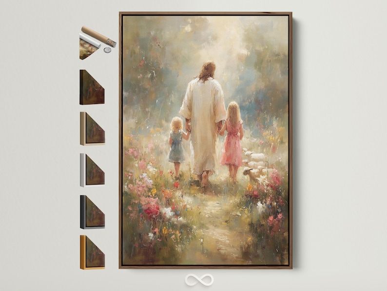 Painterly scene of a robed adult walking with two children through a floral meadow