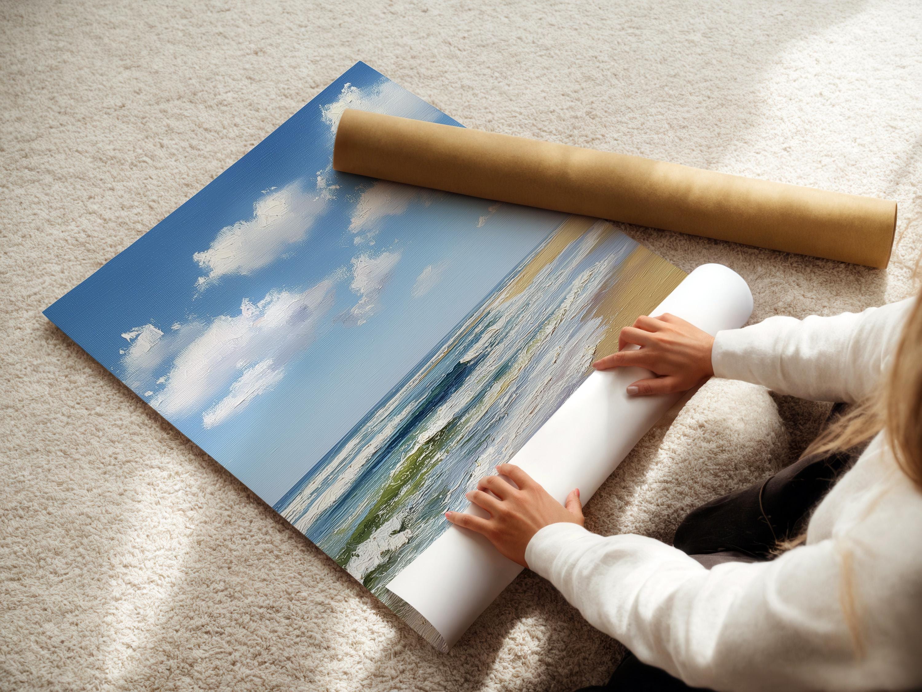 Blue ocean seascape with fluffy white clouds and foamy waves over sandy shore detail view