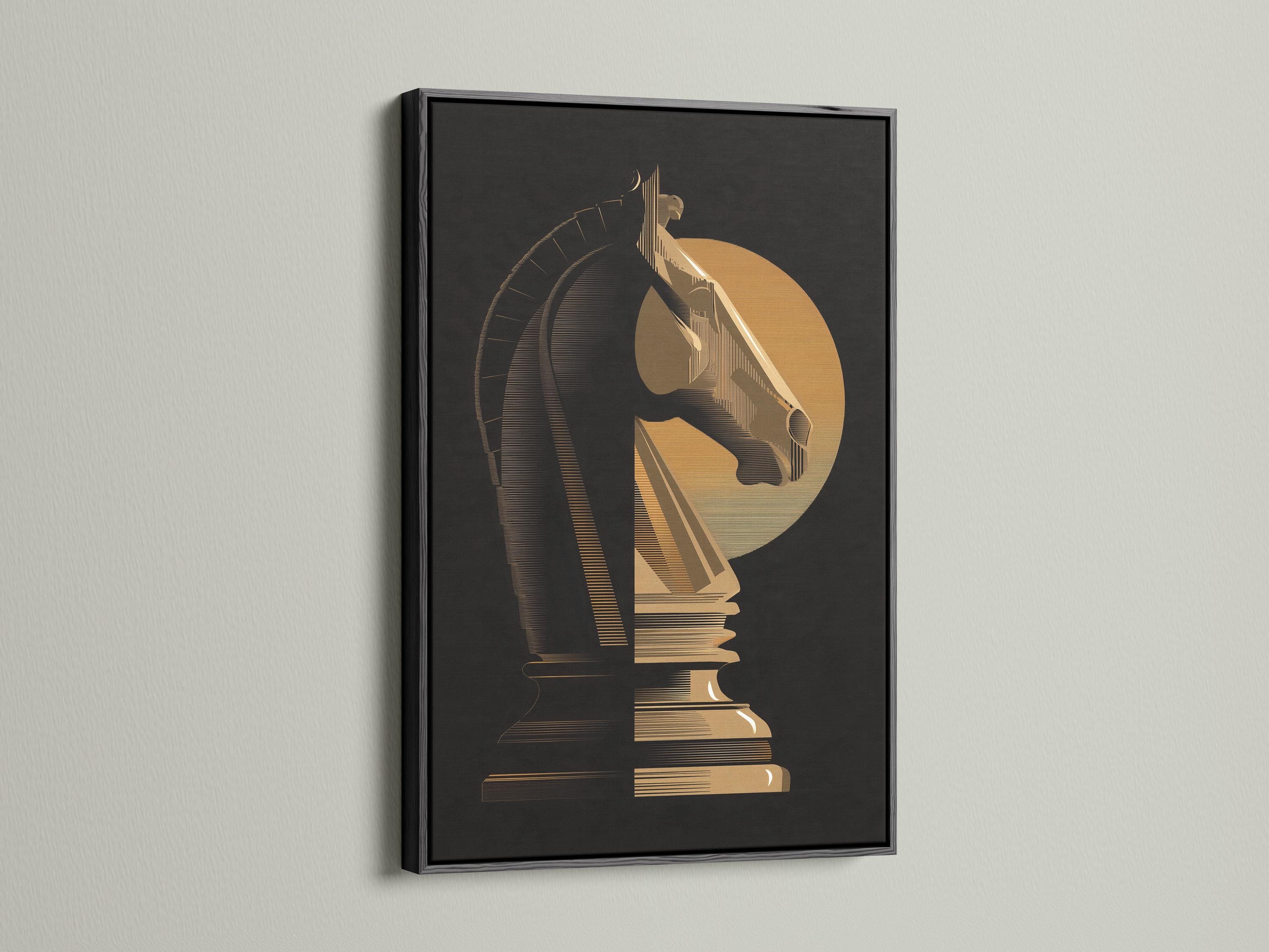 Black and gold chess knight design with curved striped bands detail view