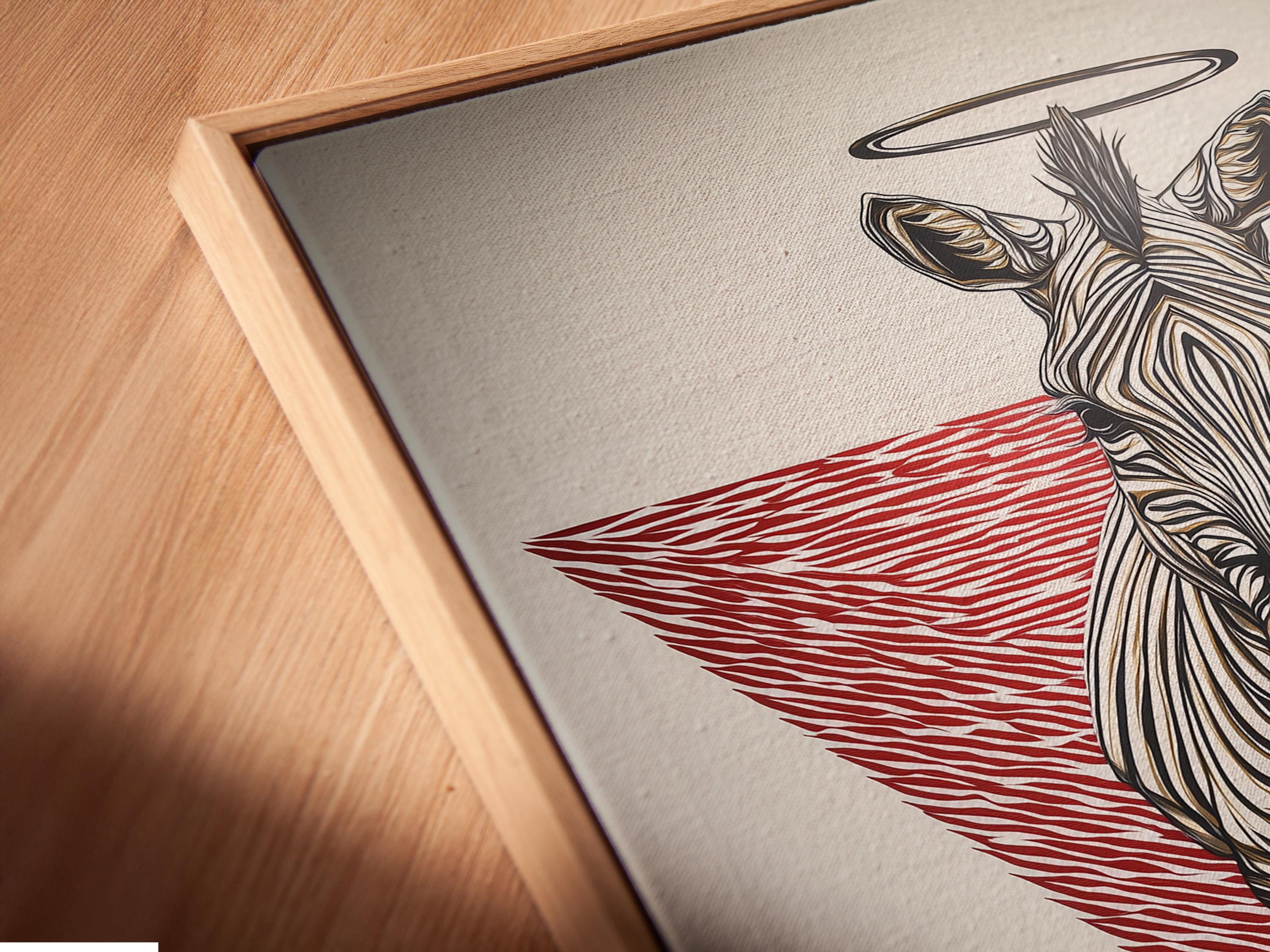Wall mockup showing a framed zebra artwork with a red striped triangle and halo ring