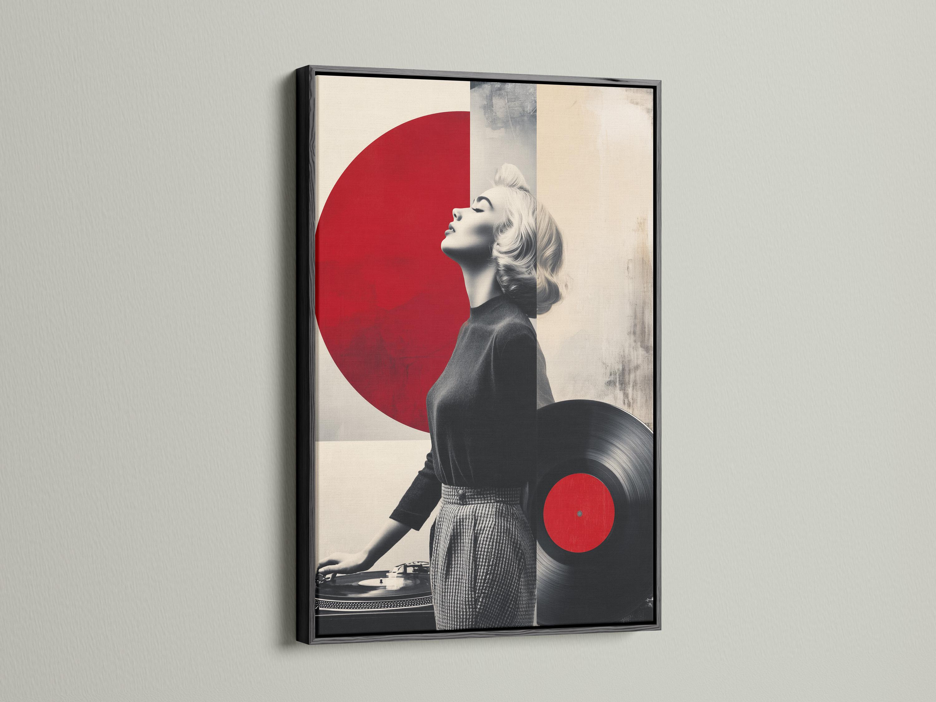 Monochrome portrait of a blonde woman with large red vinyl circle accents and a turntable detail view