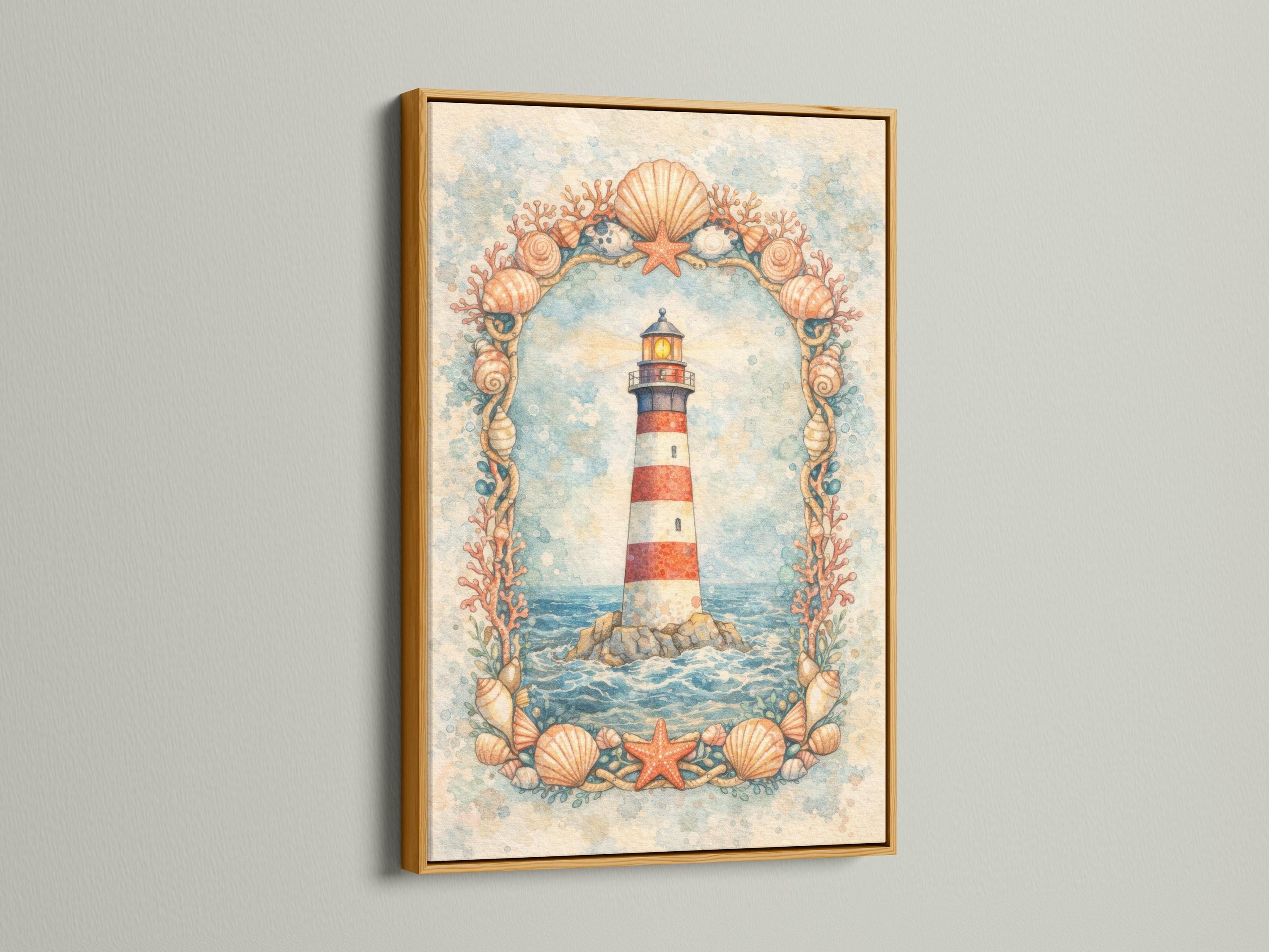 Coastal lighthouse illustration with seashells, starfish and coral-like branches framing the scene detail view