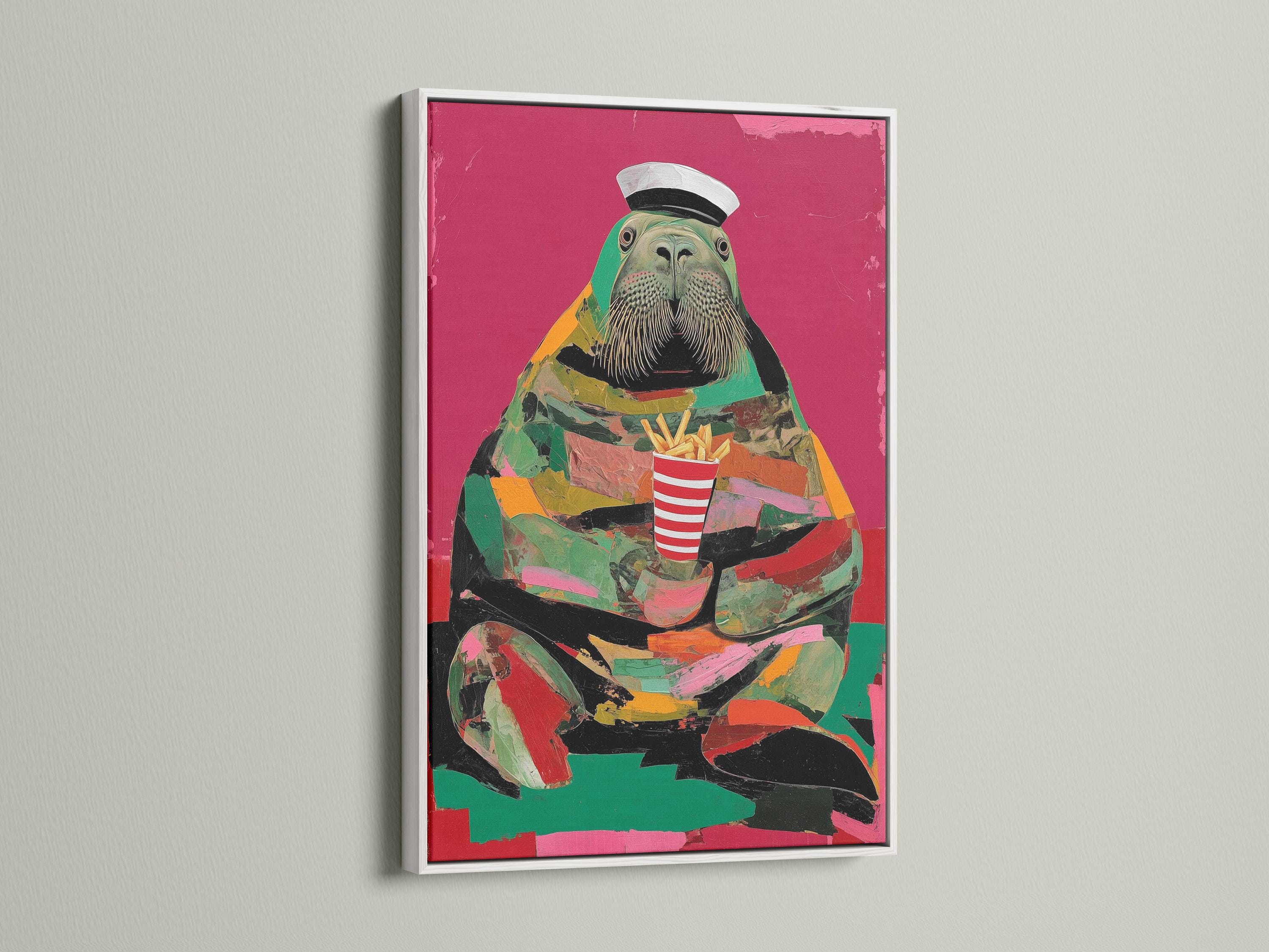 Stylised walrus wearing a captain hat with a striped cup of fries on a hot pink background detail view