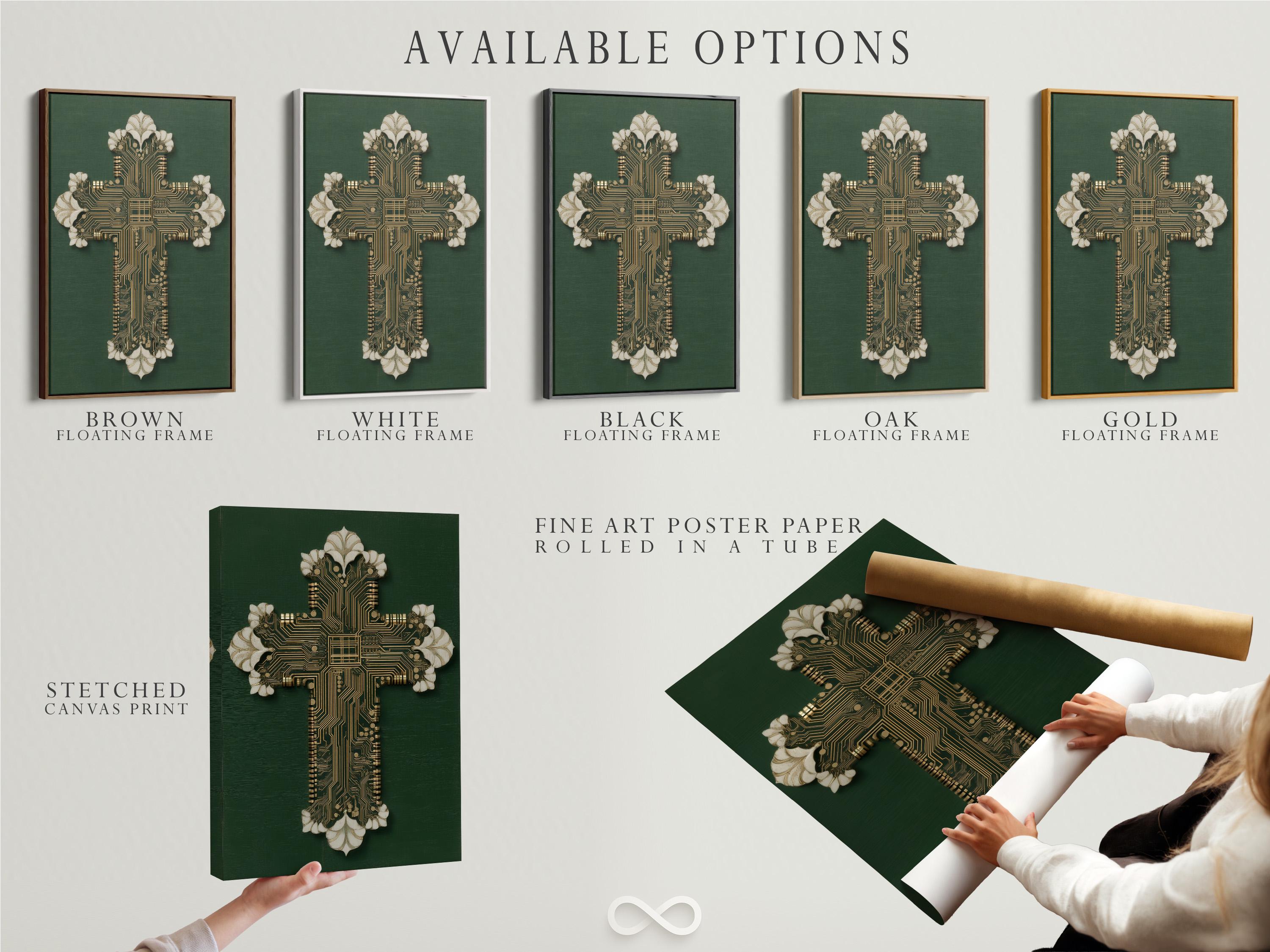 Gold circuit-board cross motif on a deep green background with white petal-like accents detail view