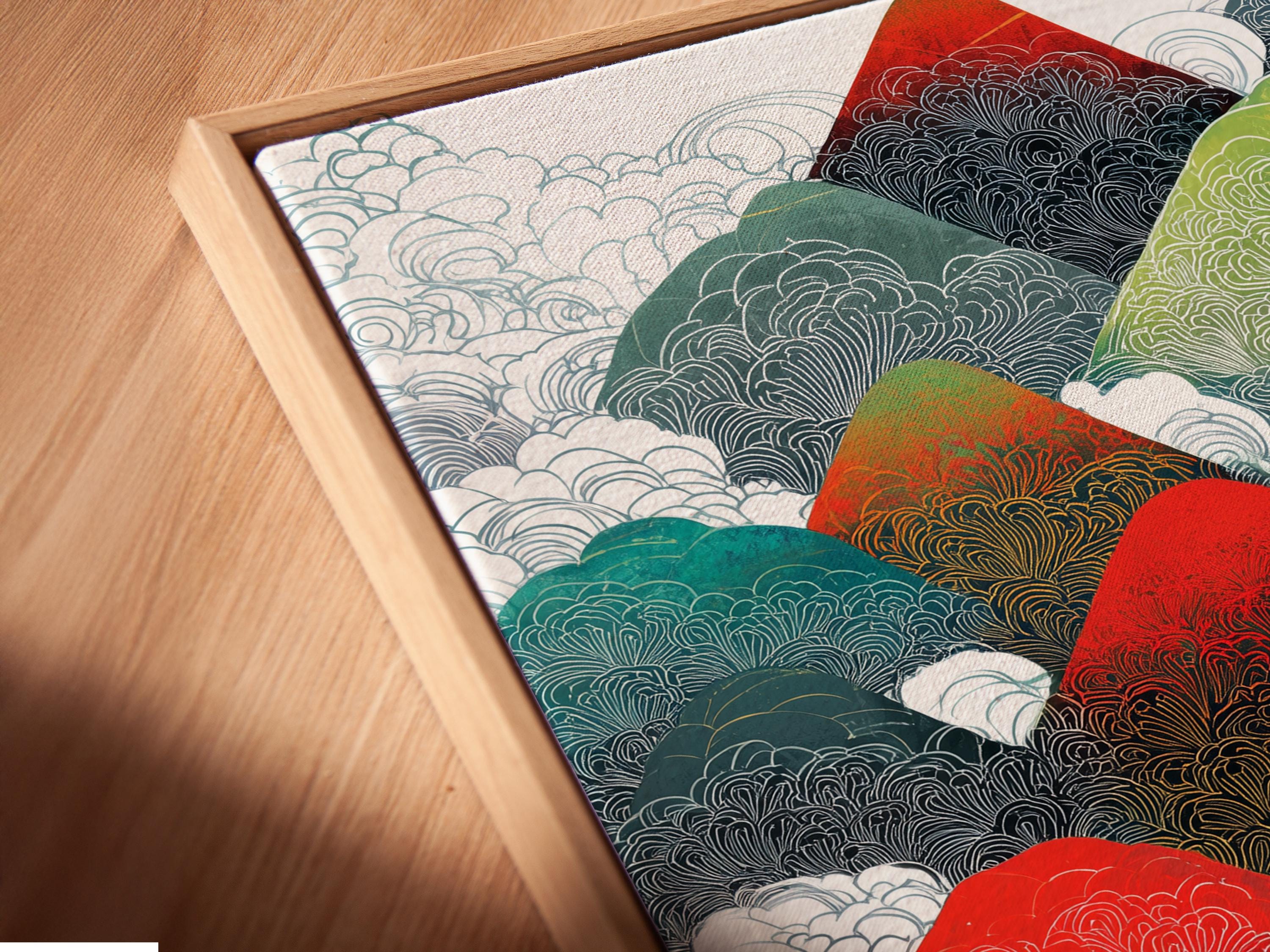 Illustrated mountain range with repeating contour line texture in red, orange, teal and green detail view