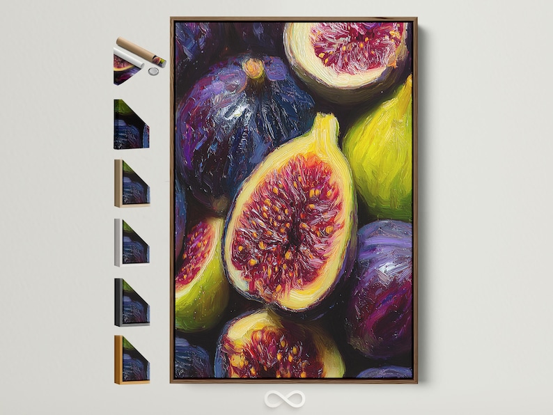 Purple, green and gold fig still life artwork with a large red fig-like fruit in the centre