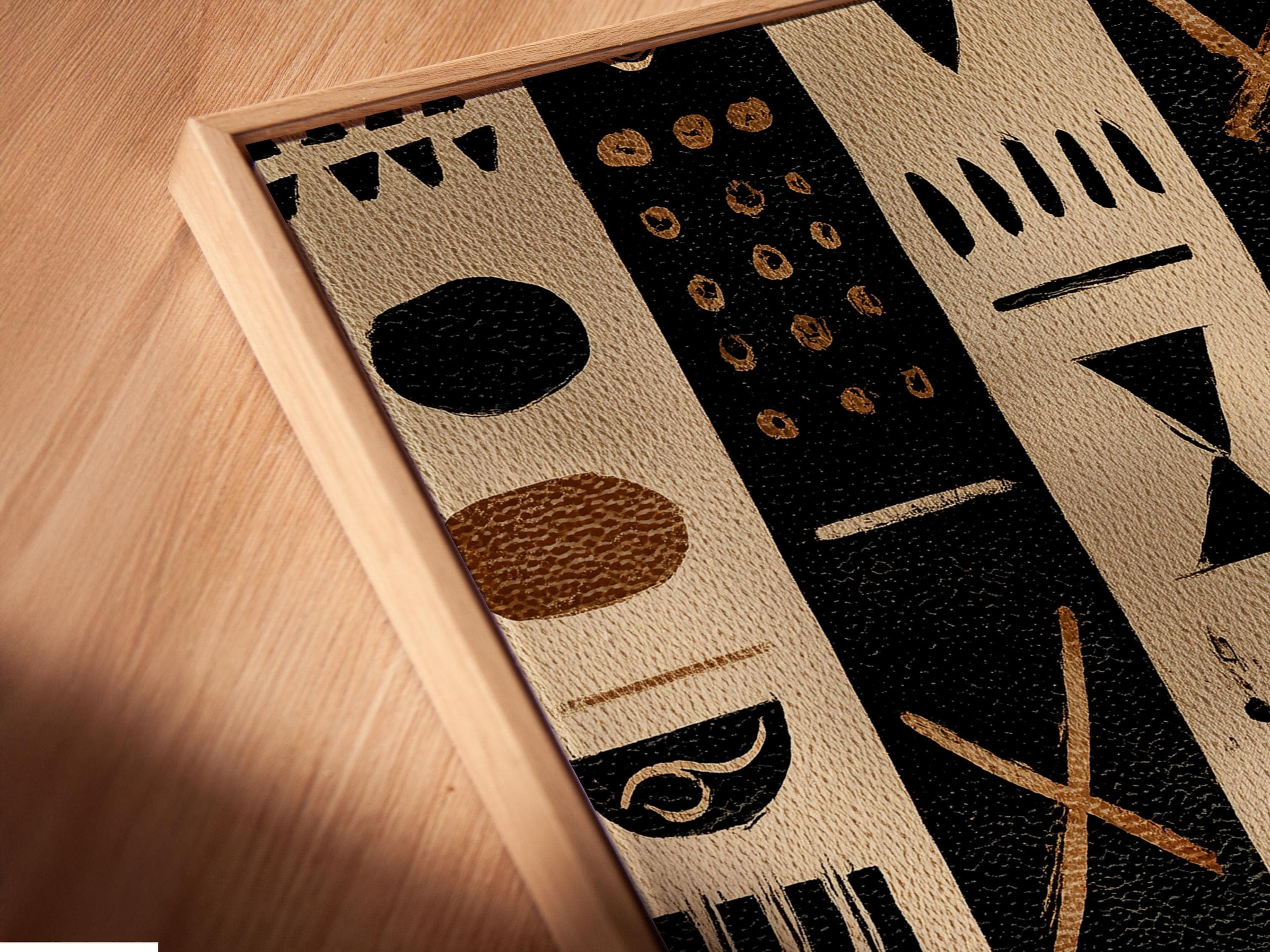 Beige and black geometric tribal-style artwork with vertical panels and dotted symbols detail view