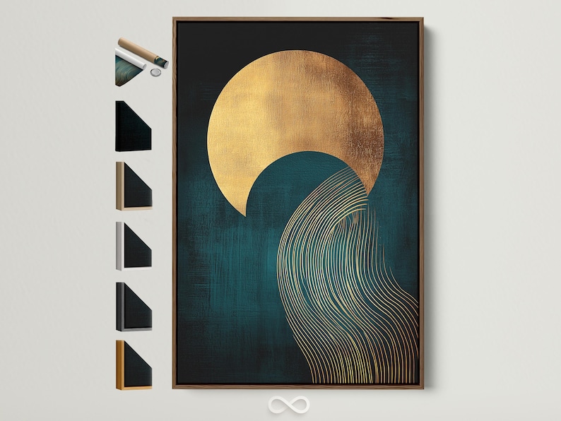 Abstract teal and gold artwork with a large sun-like circle and curved wave line pattern