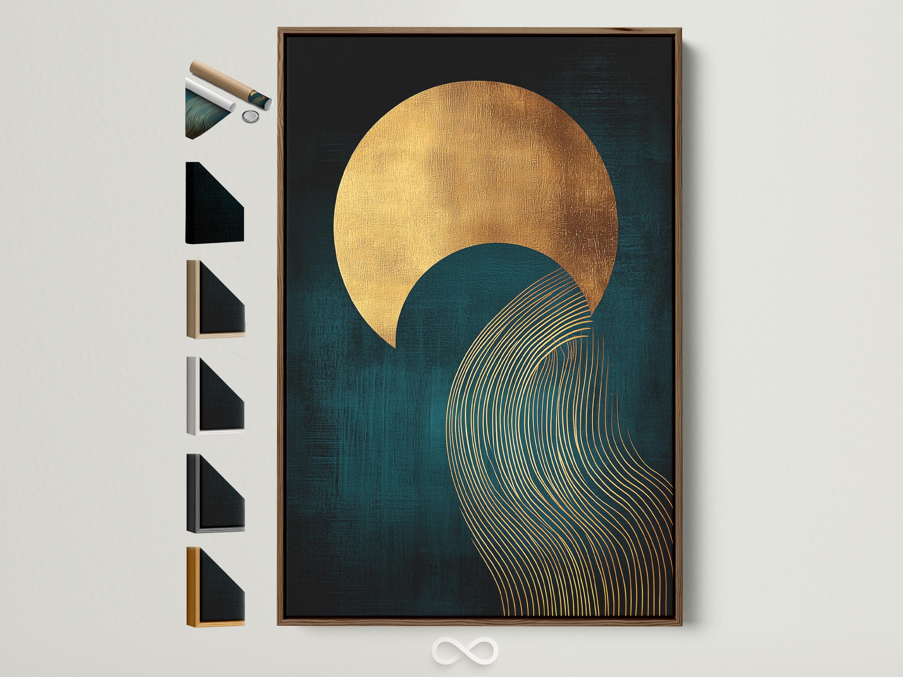 Abstract teal and gold artwork with a large sun-like circle and curved wave line pattern