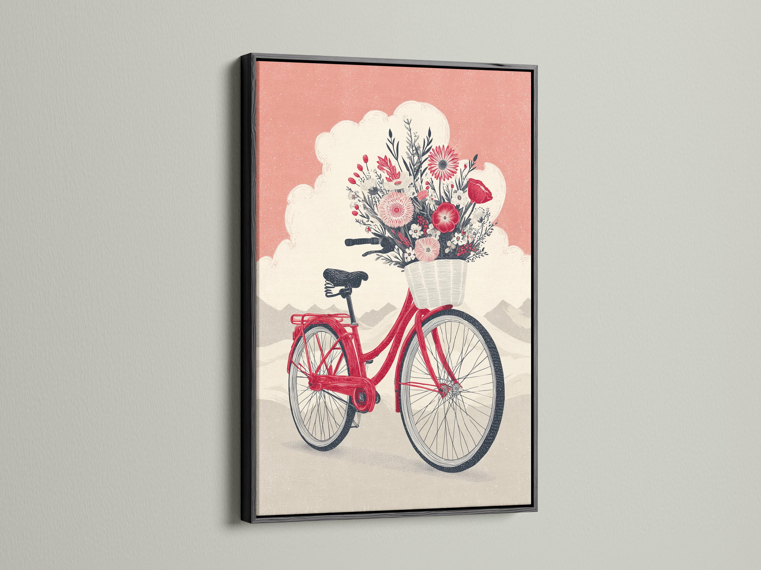 A red bicycle is decorated with a large bouquet of flowers and leaves, set against a dusty pink sky and pale landscape shapes detail view