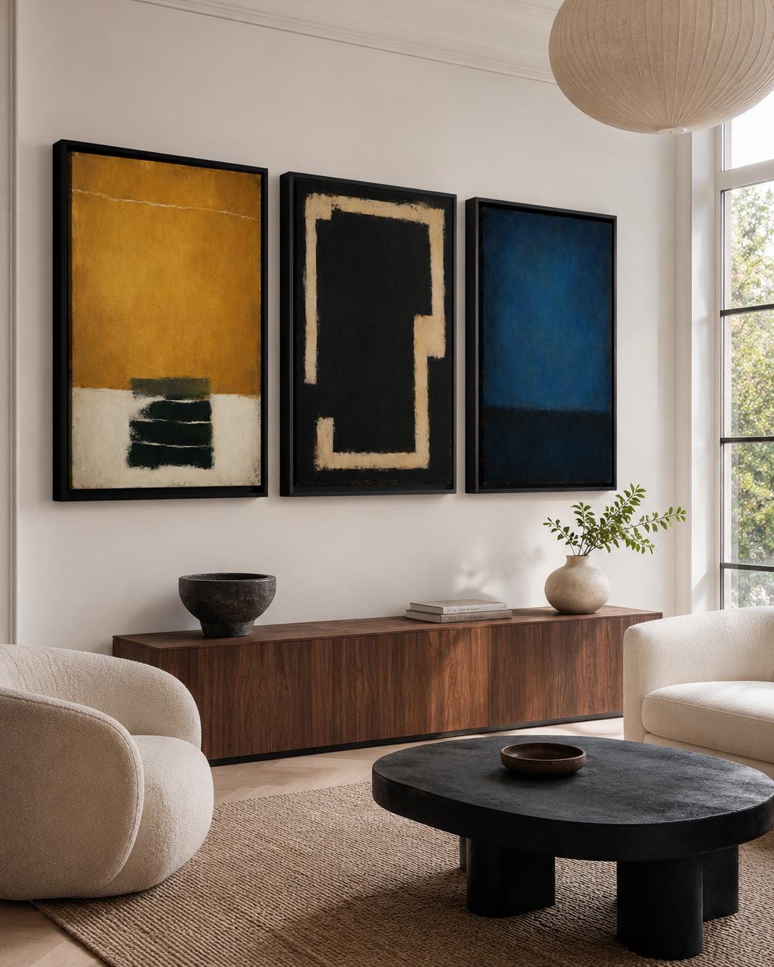 Three-panel abstract colour field triptych with deep blue, mustard ochre and near-black textures detail view