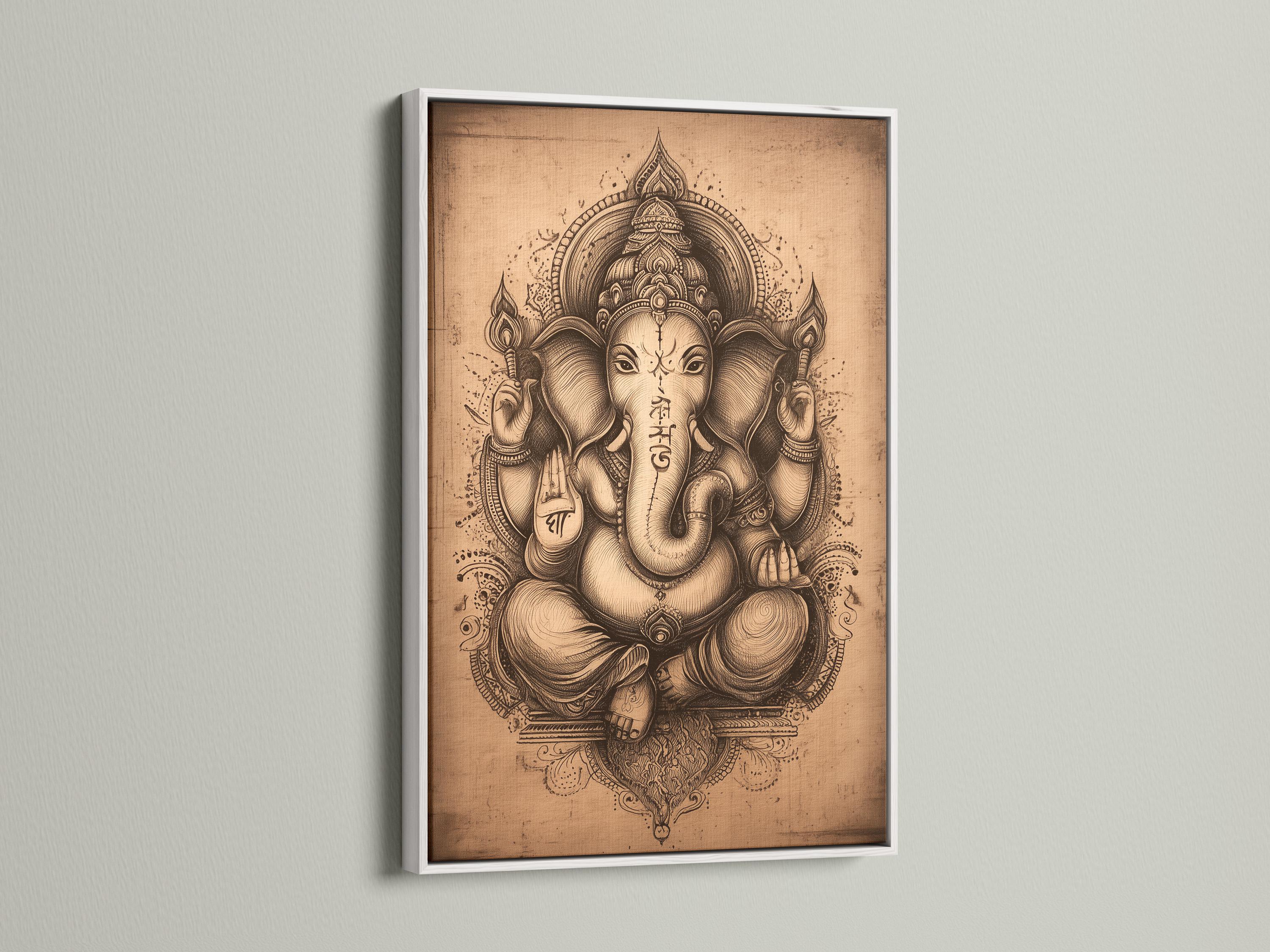 Vintage elephant-headed deity illustration with ornate halo on a beige background detail view